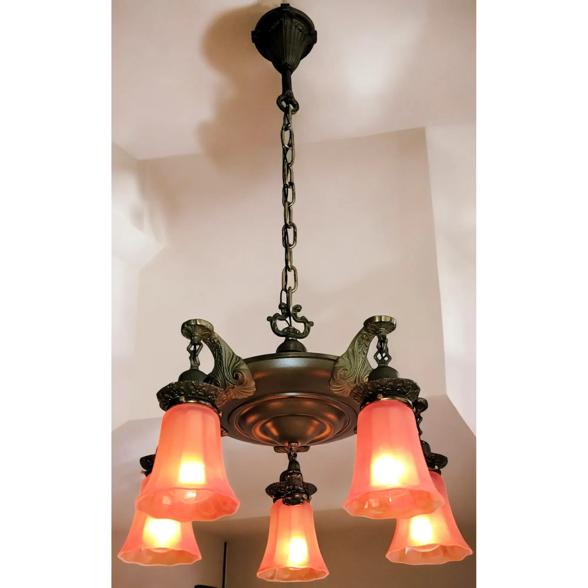 1920s Brass 5 Light Fixture - Nuart Carnival Glass Shades - View 2