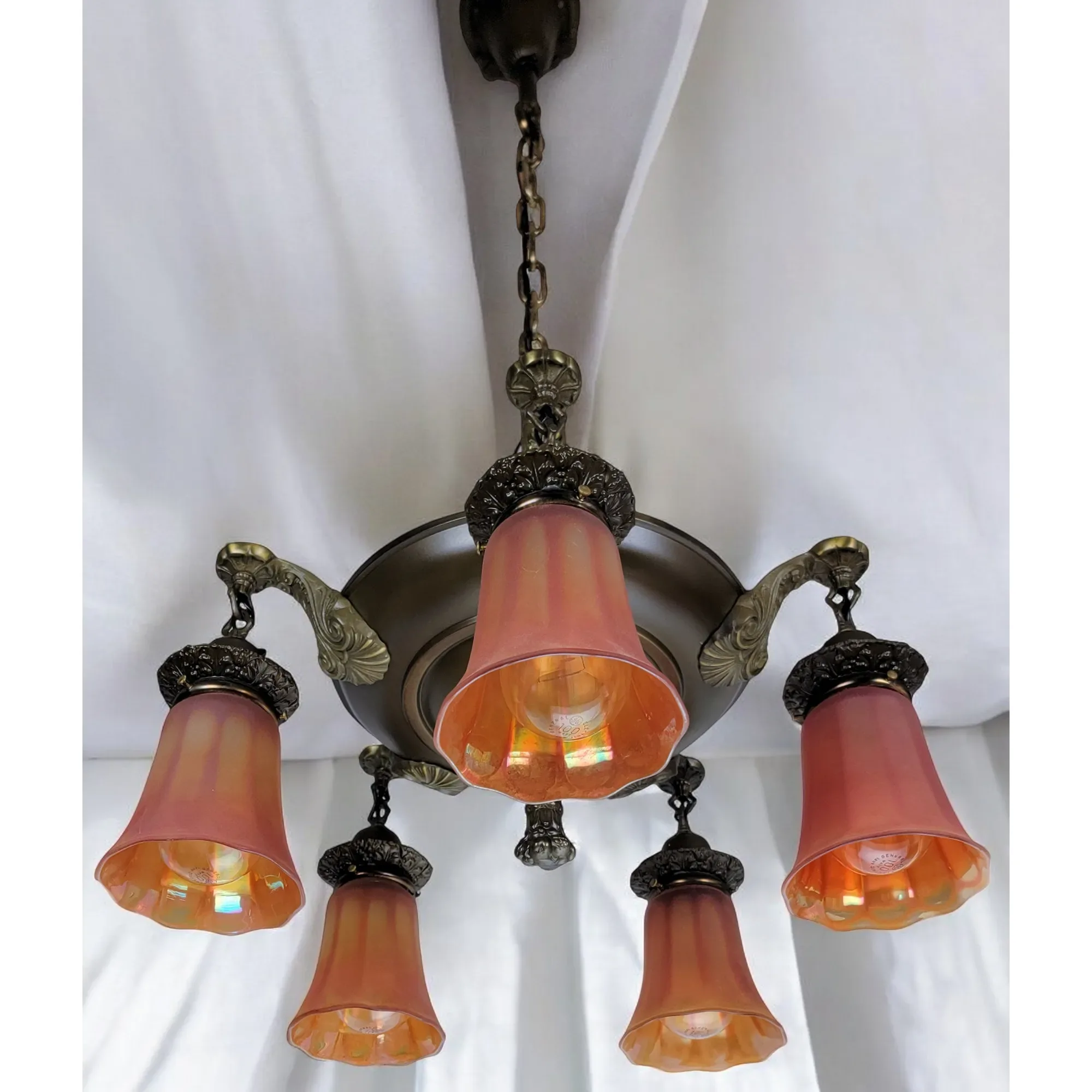1920s Brass 5 Light Fixture - Nuart Carnival Glass Shades - View 4