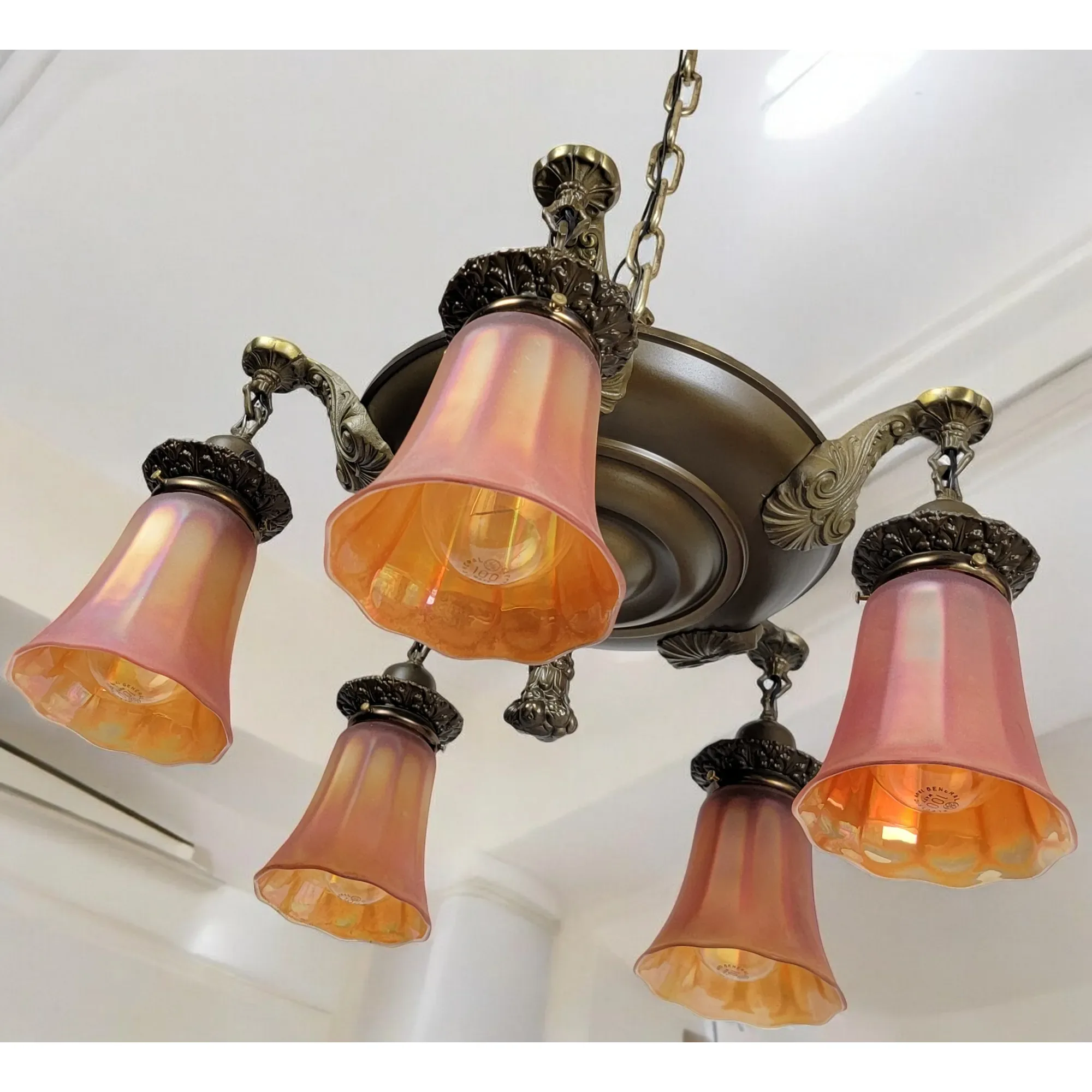 1920s Brass 5 Light Fixture - Nuart Carnival Glass Shades - View 5