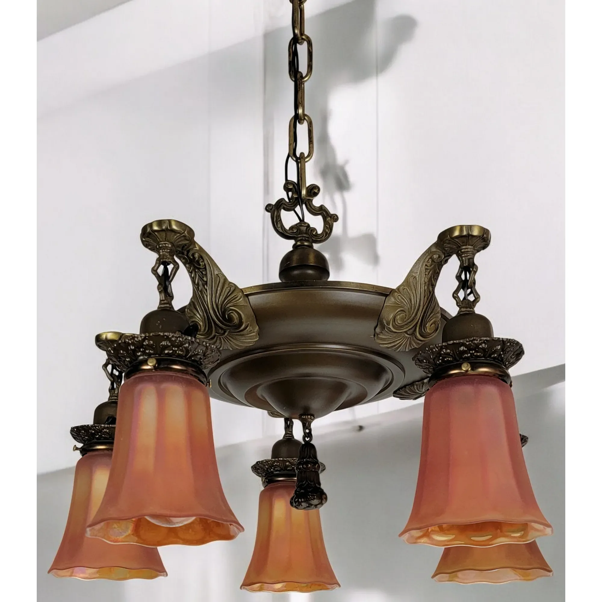1920s Brass 5 Light Fixture - Nuart Carnival Glass Shades - View 6