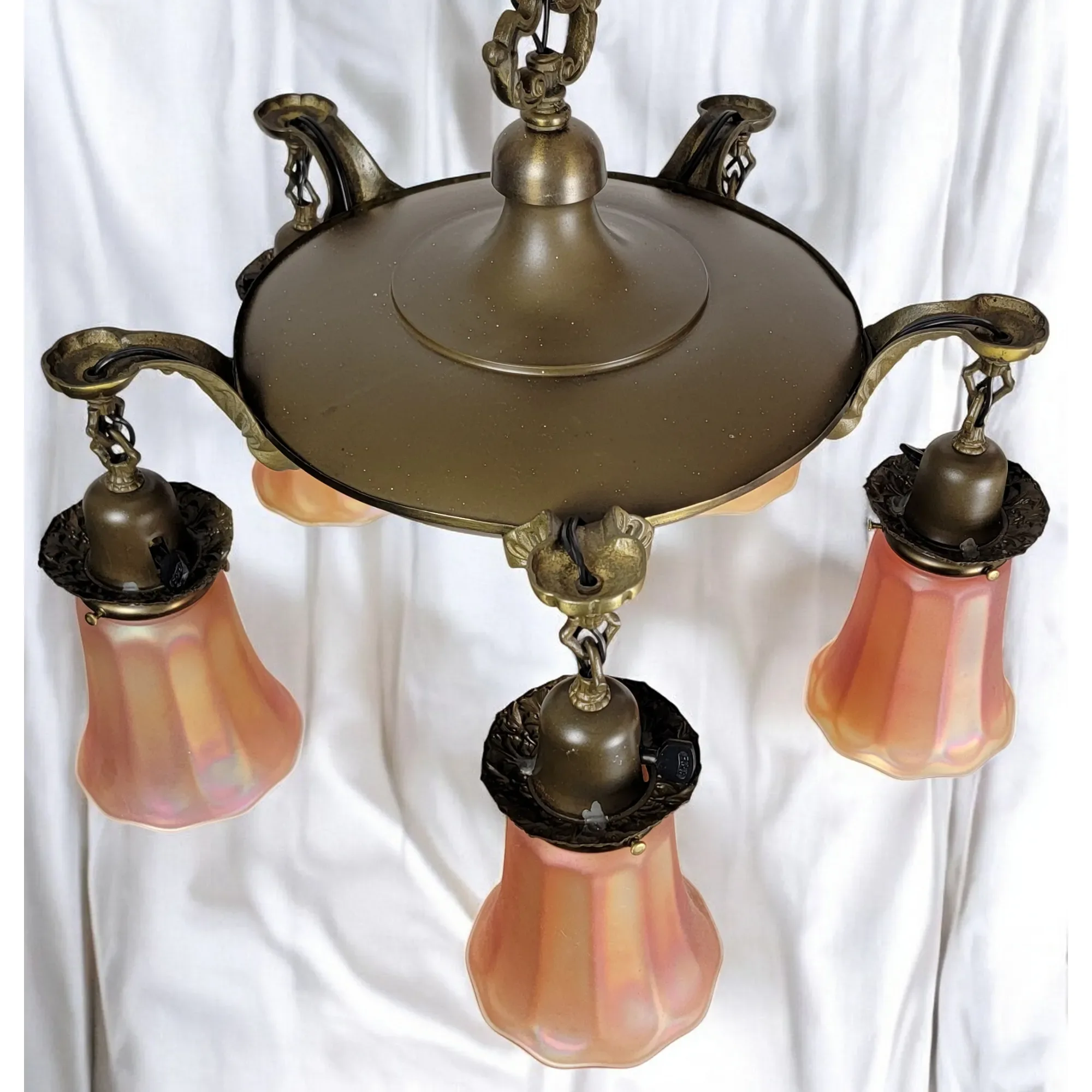 1920s Brass 5 Light Fixture - Nuart Carnival Glass Shades - View 7