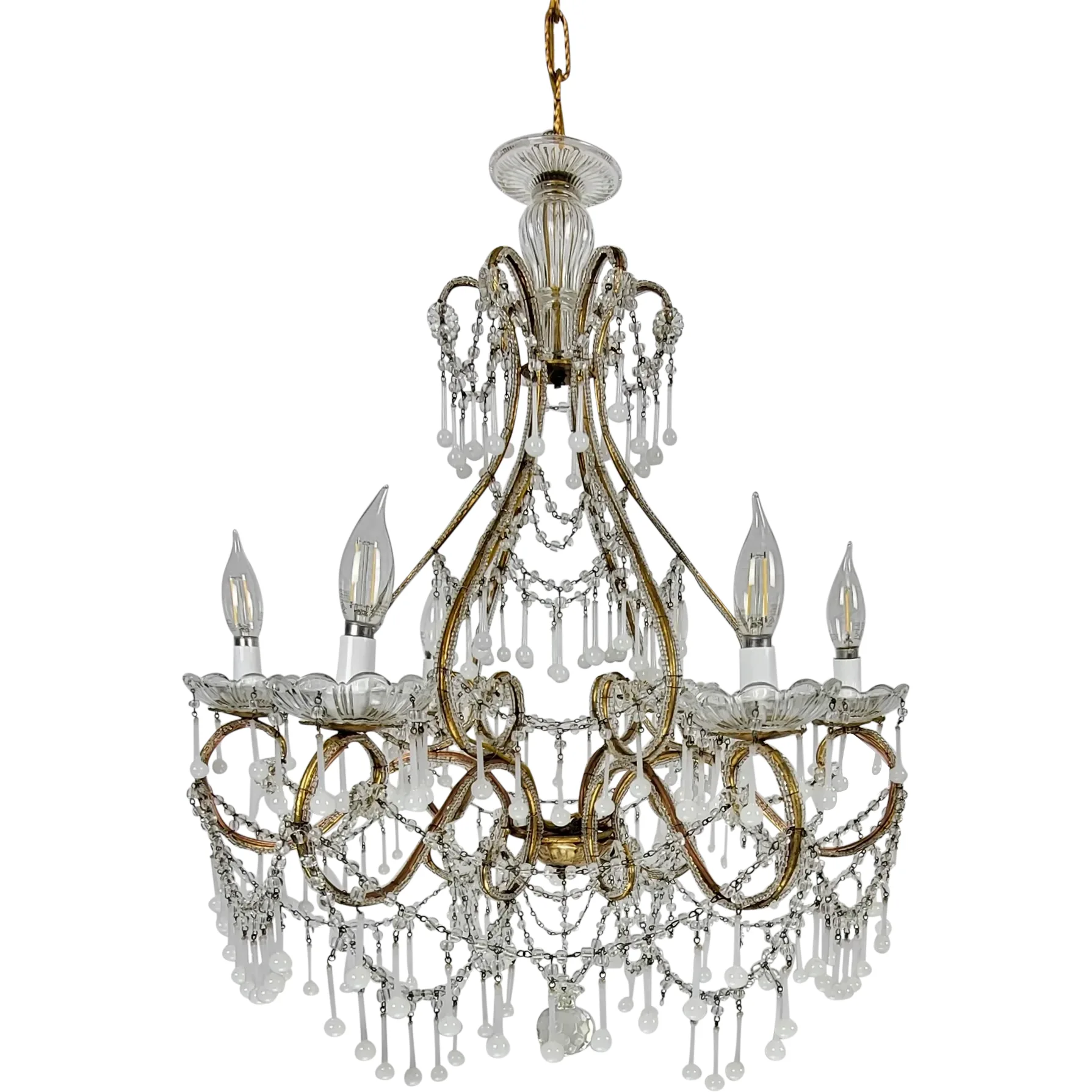 Vintage Italian 6-Light Gilt Chandelier - Macaroni Beads & Original Opaline Drops