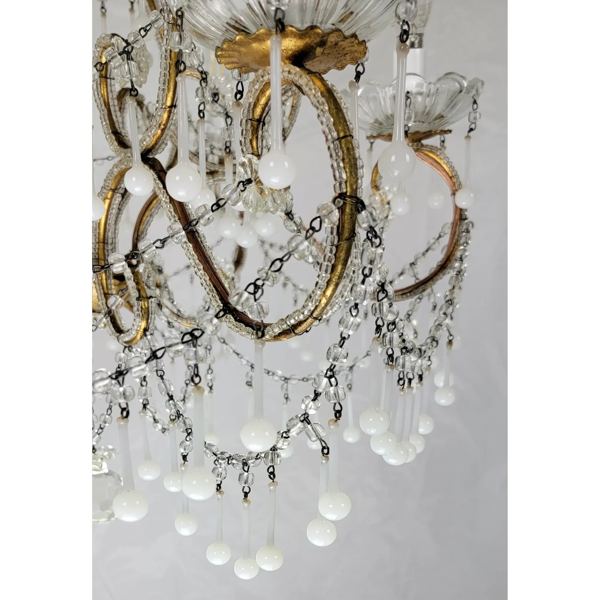 Vintage Italian 6-Light Gilt Chandelier - Macaroni Beads & Original Opaline Drops - View 10