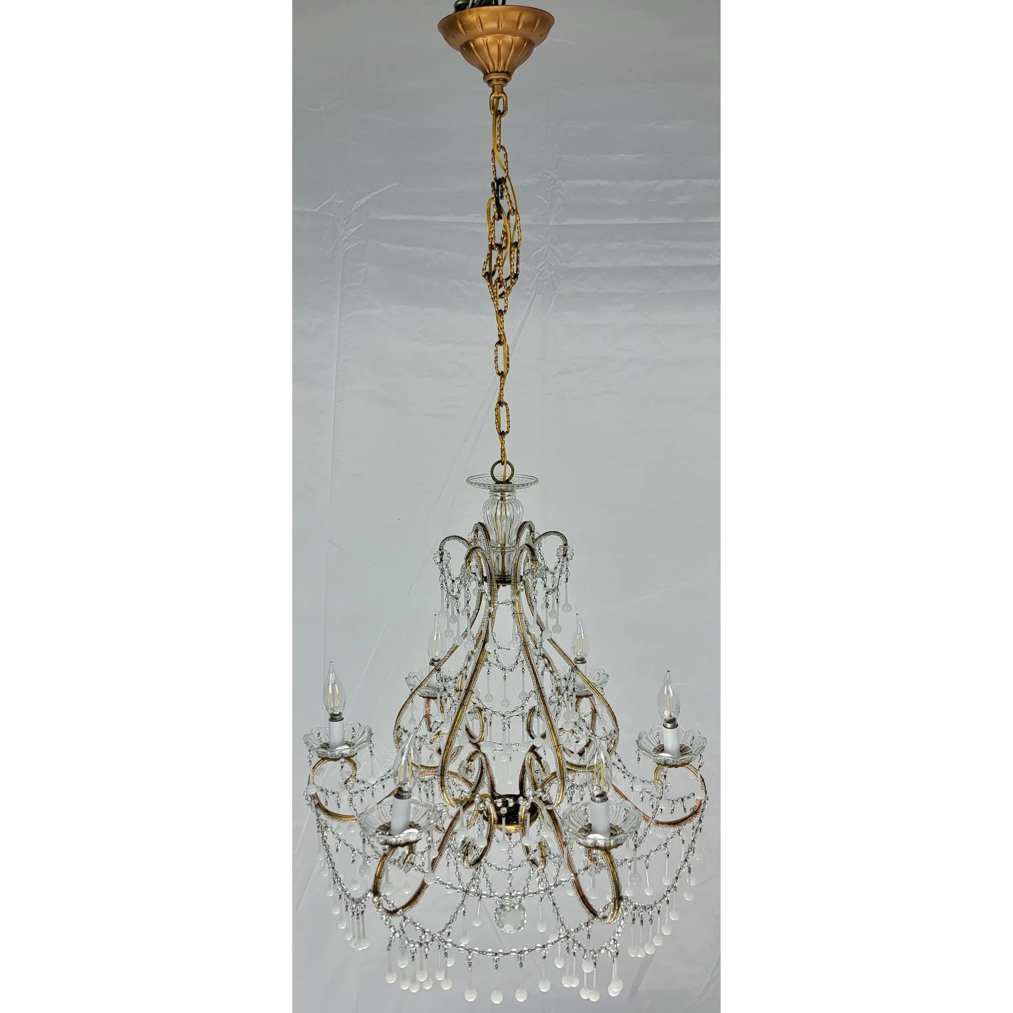 Vintage Italian 6-Light Gilt Chandelier - Macaroni Beads & Original Opaline Drops - View 3
