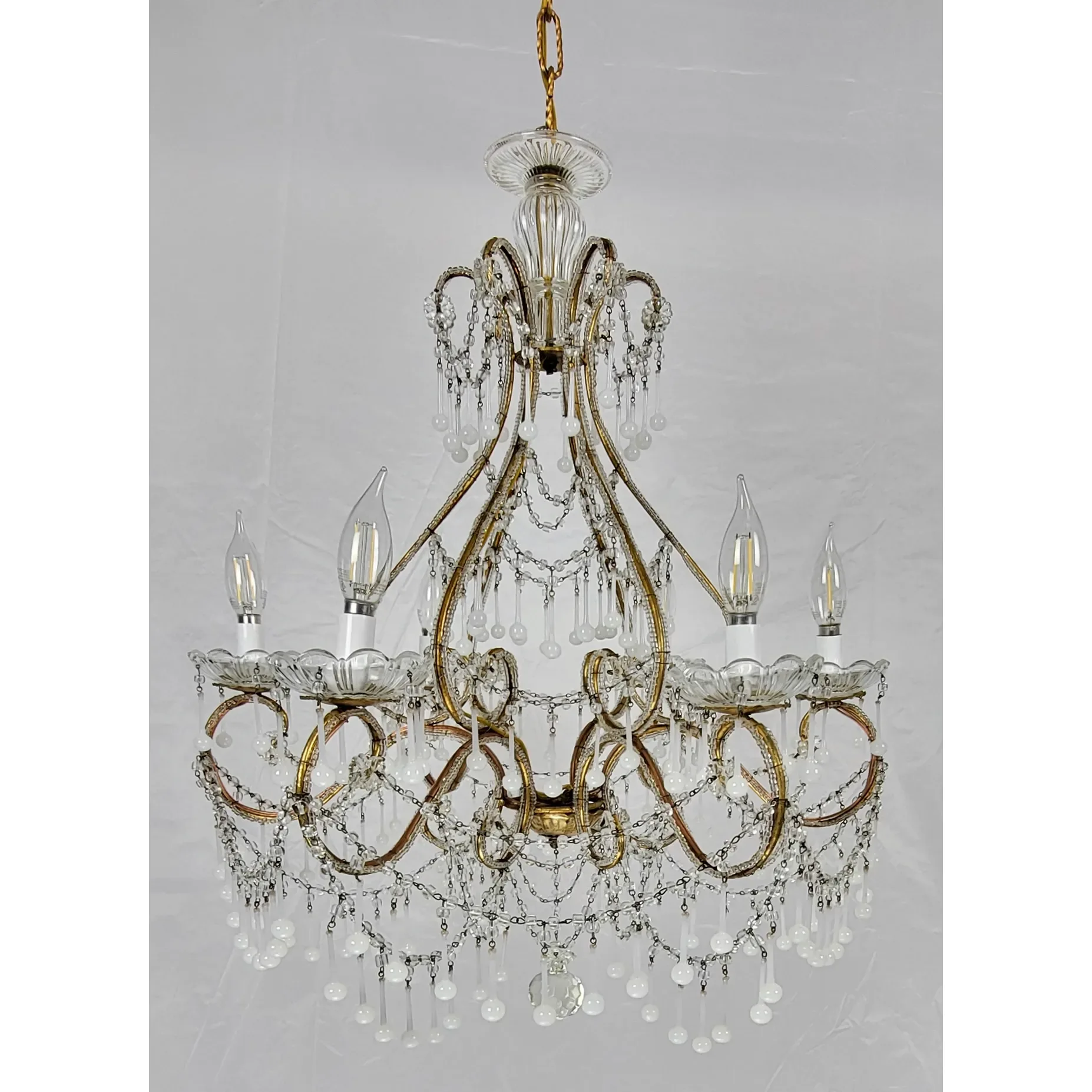 Vintage Italian 6-Light Gilt Chandelier - Macaroni Beads & Original Opaline Drops - View 4