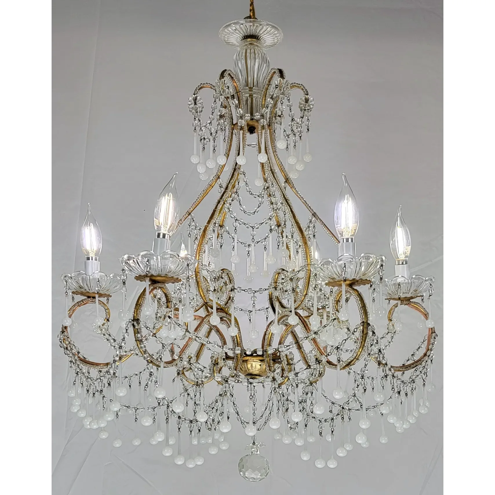 Vintage Italian 6-Light Gilt Chandelier - Macaroni Beads & Original Opaline Drops - View 5