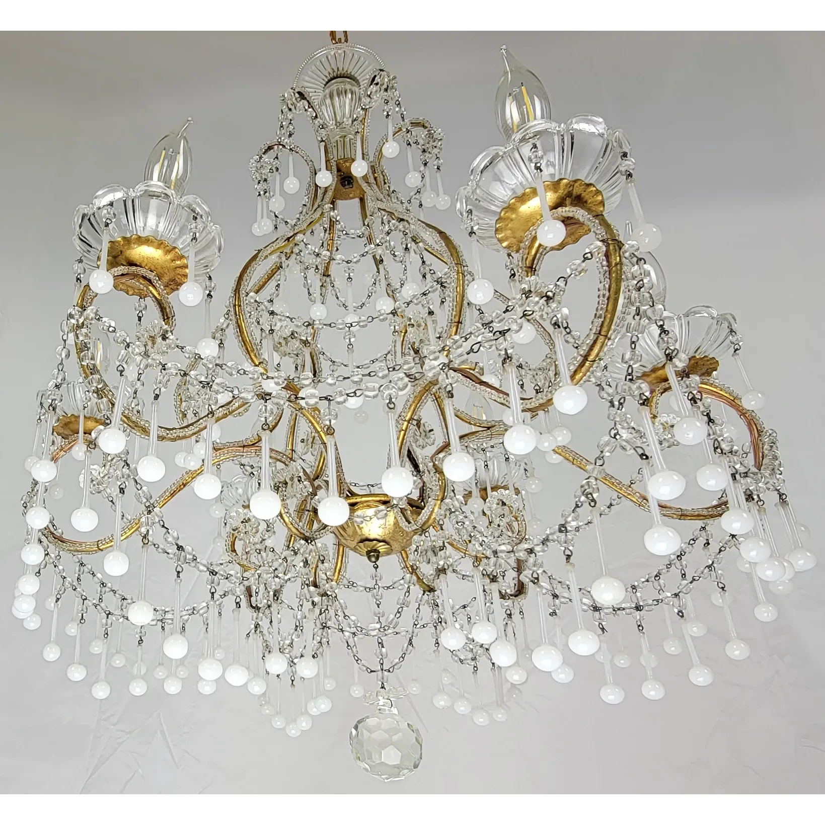 Vintage Italian 6-Light Gilt Chandelier - Macaroni Beads & Original Opaline Drops - View 6
