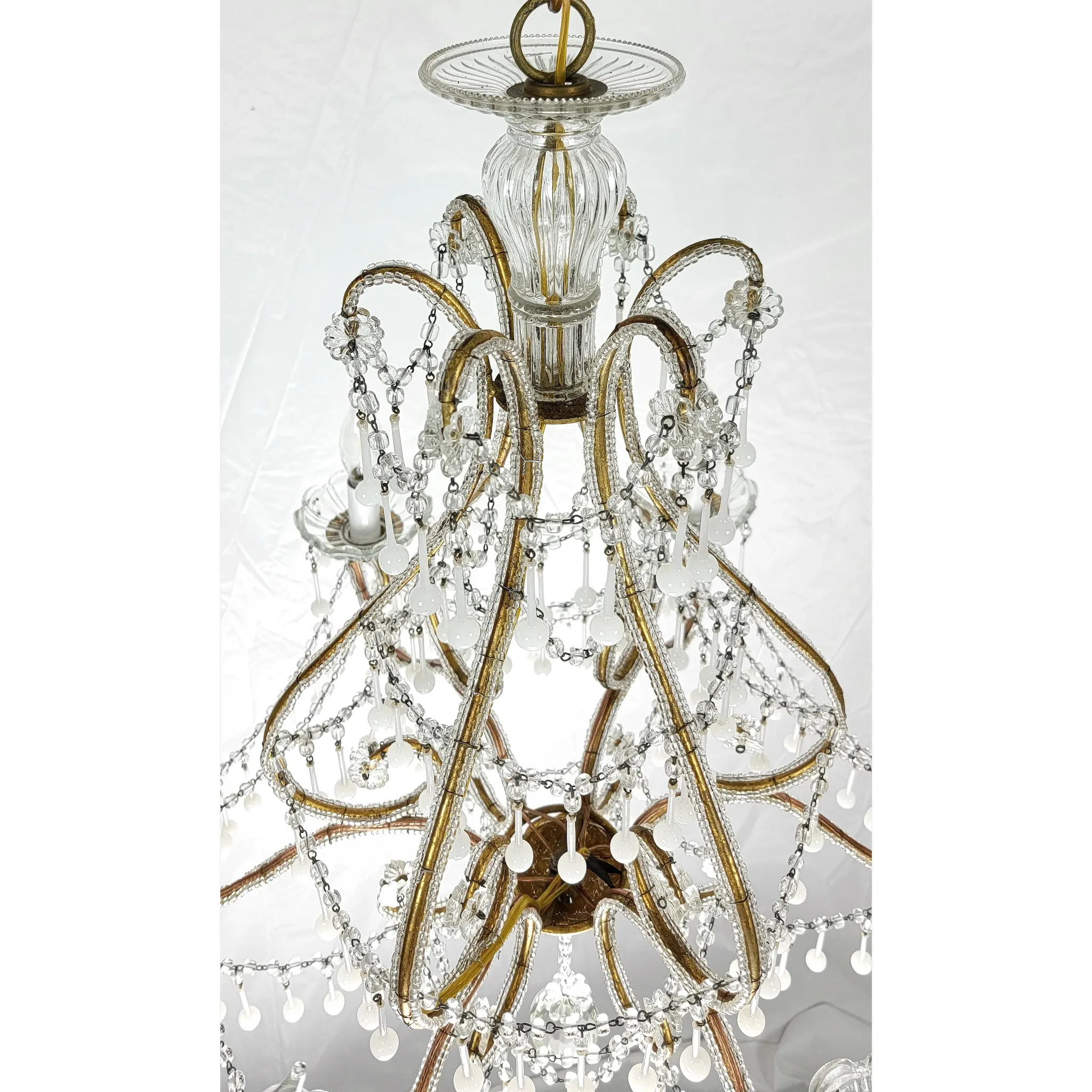 Vintage Italian 6-Light Gilt Chandelier - Macaroni Beads & Original Opaline Drops - View 7