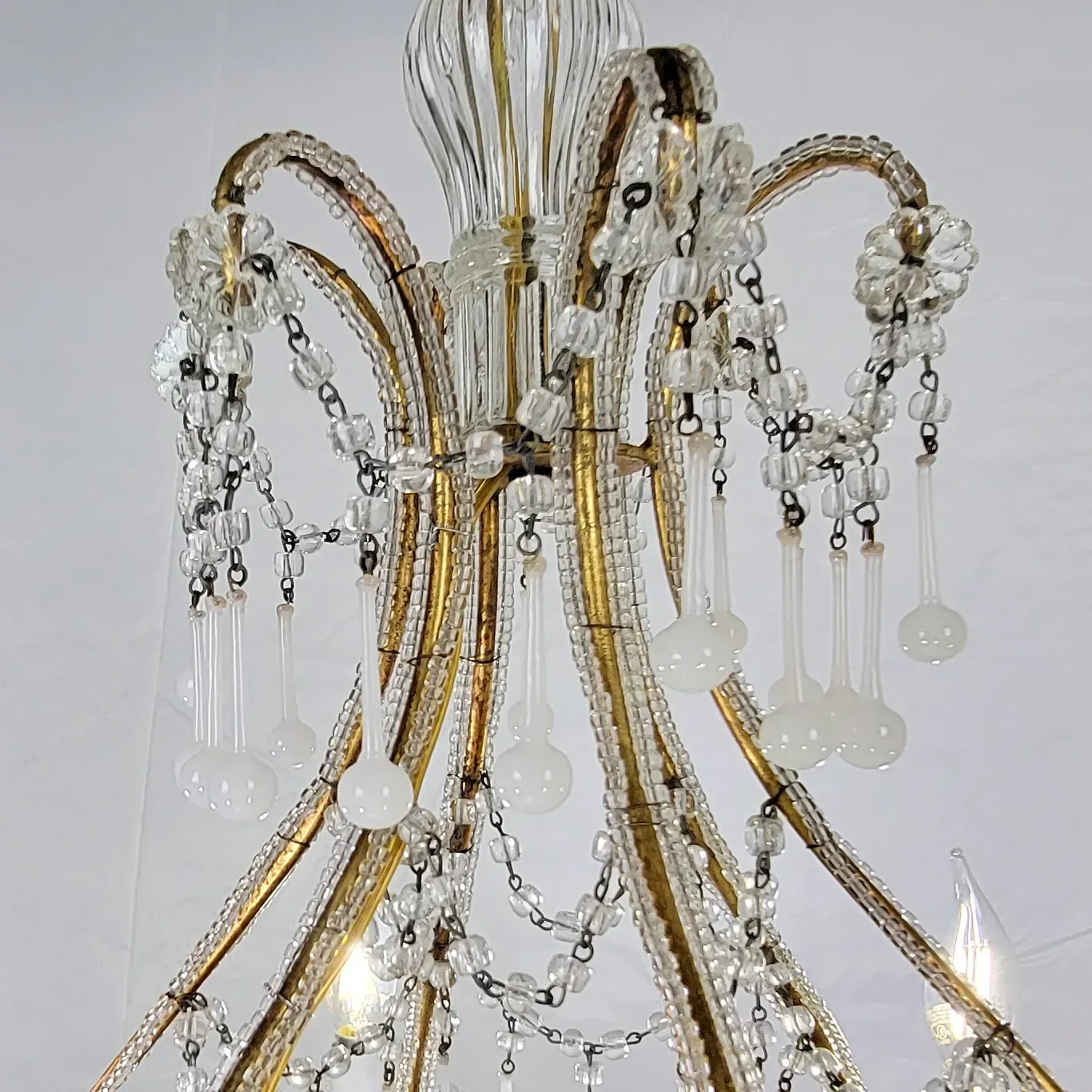 Vintage Italian 6-Light Gilt Chandelier - Macaroni Beads & Original Opaline Drops - View 8