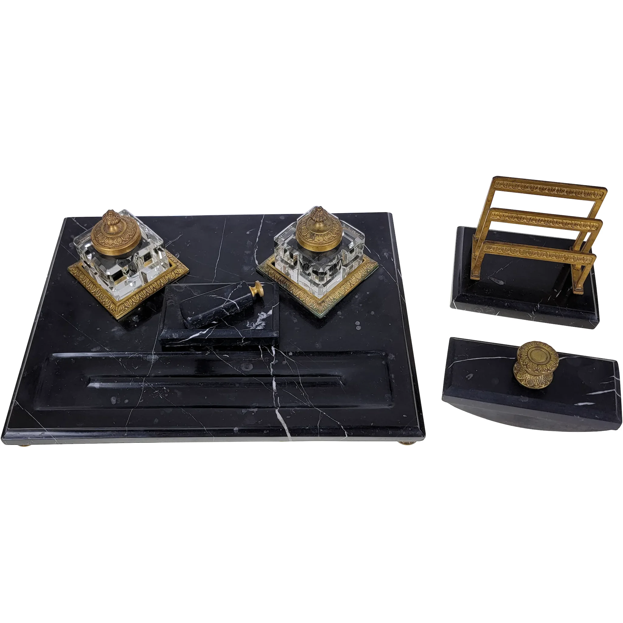 French Marble and Bronze Desk Set - Cut Crystal Inkwells