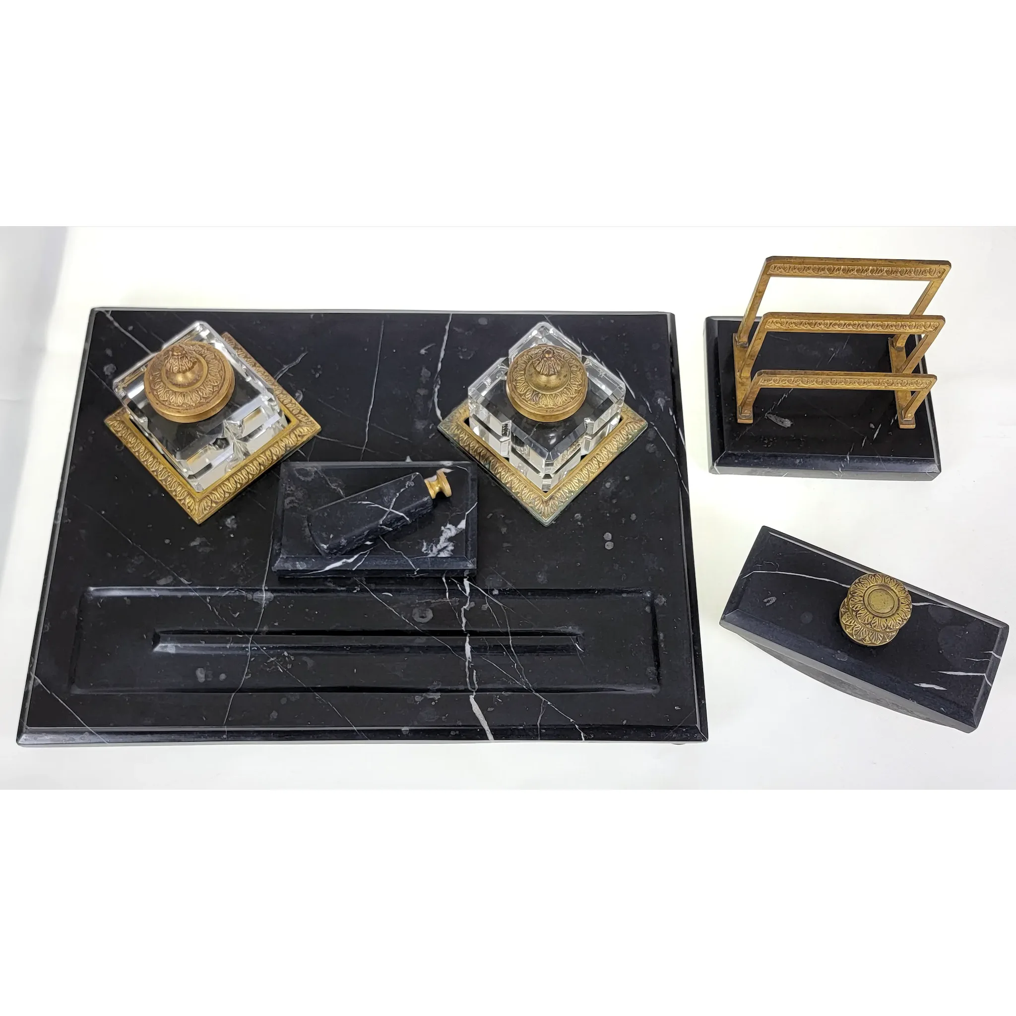 French Marble and Bronze Desk Set - Cut Crystal Inkwells - View 2