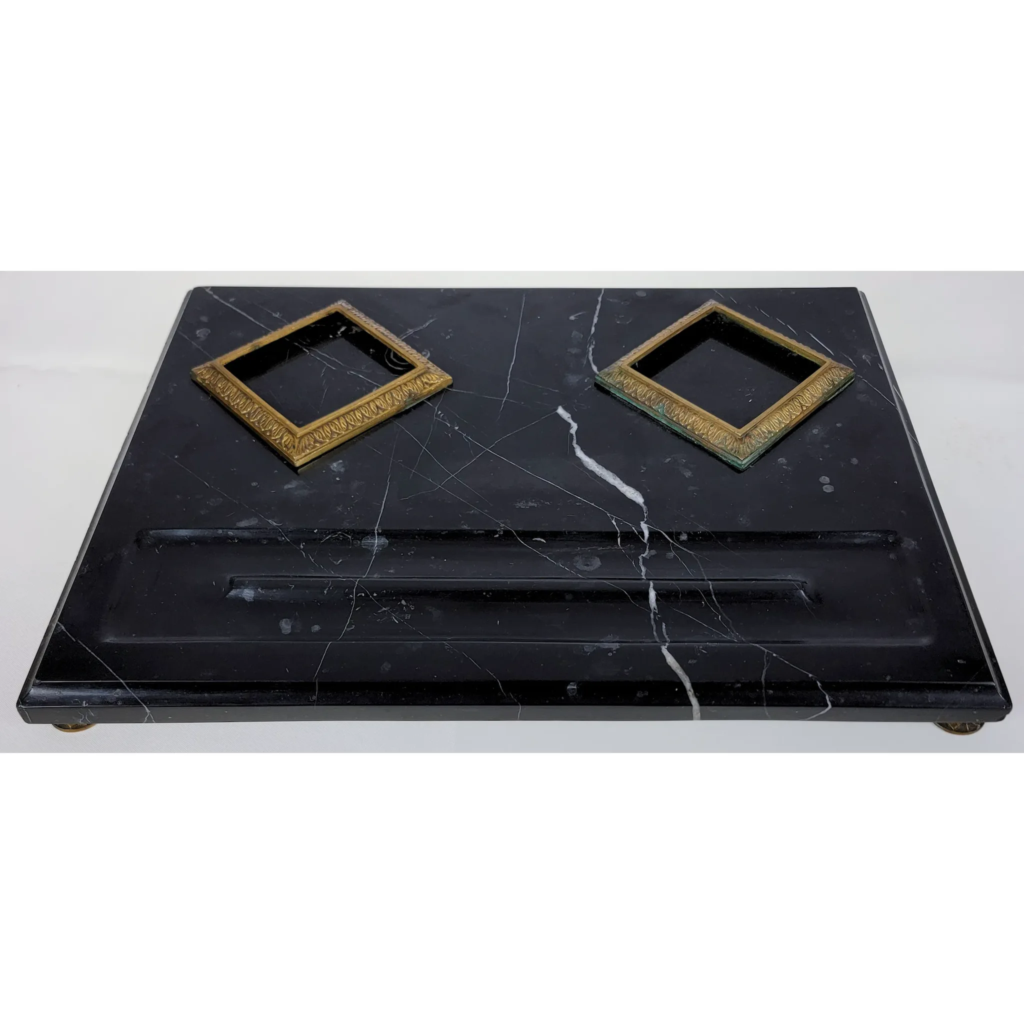 French Marble and Bronze Desk Set - Cut Crystal Inkwells - View 3
