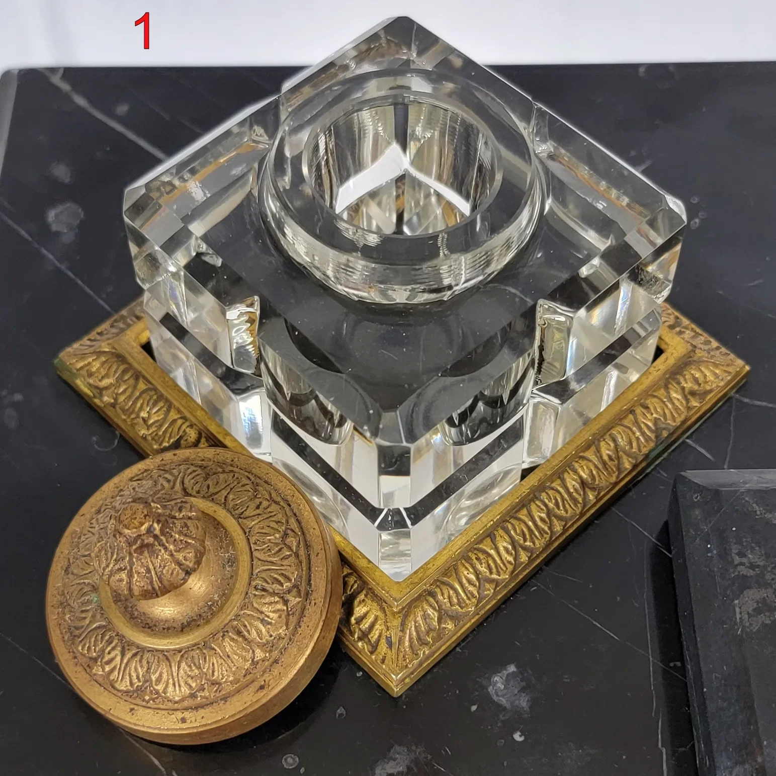 French Marble and Bronze Desk Set - Cut Crystal Inkwells - View 6