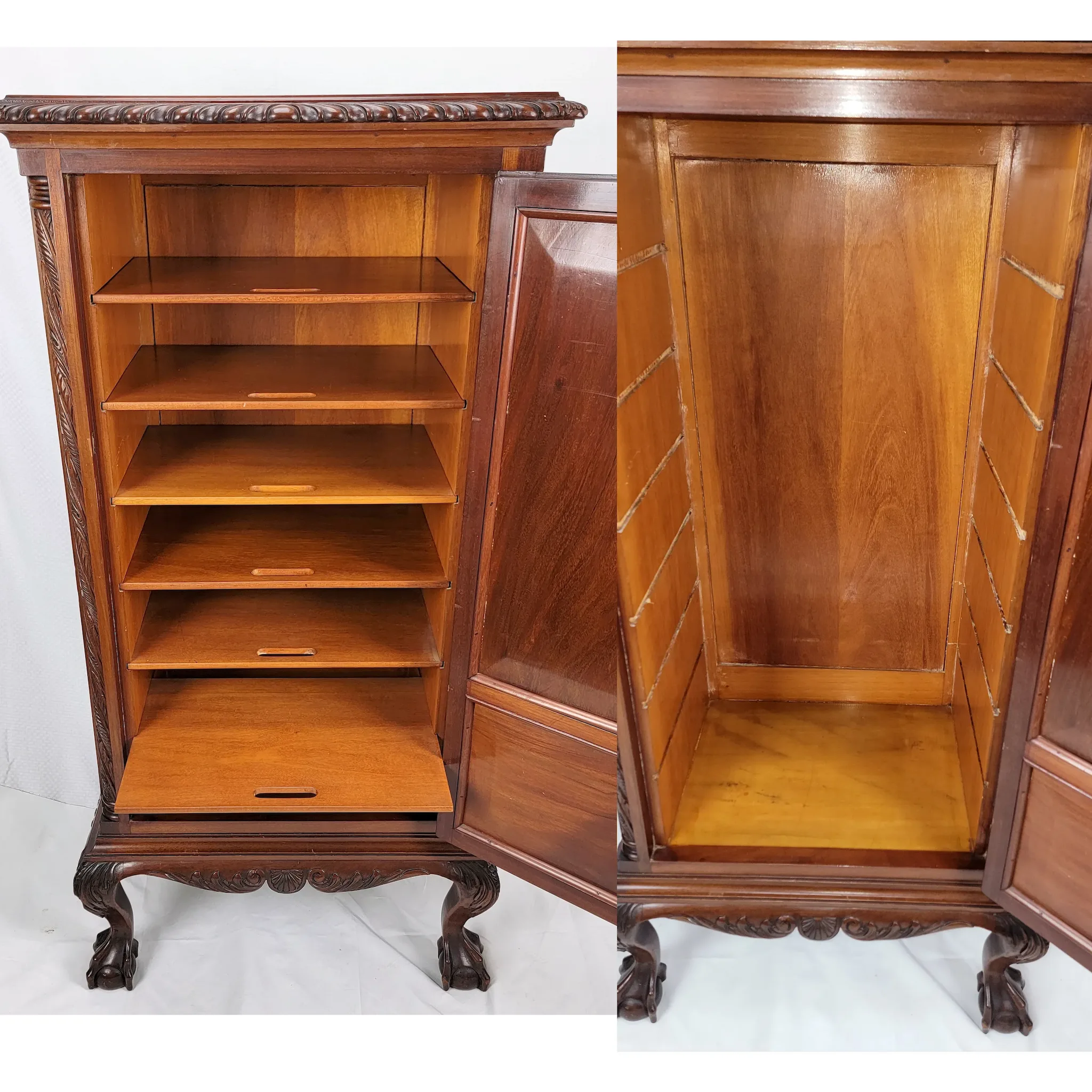 Antique 19th C. Carved Mahogany Chippendale Style Music Cabinet - Ball & Claw Feet - View 7