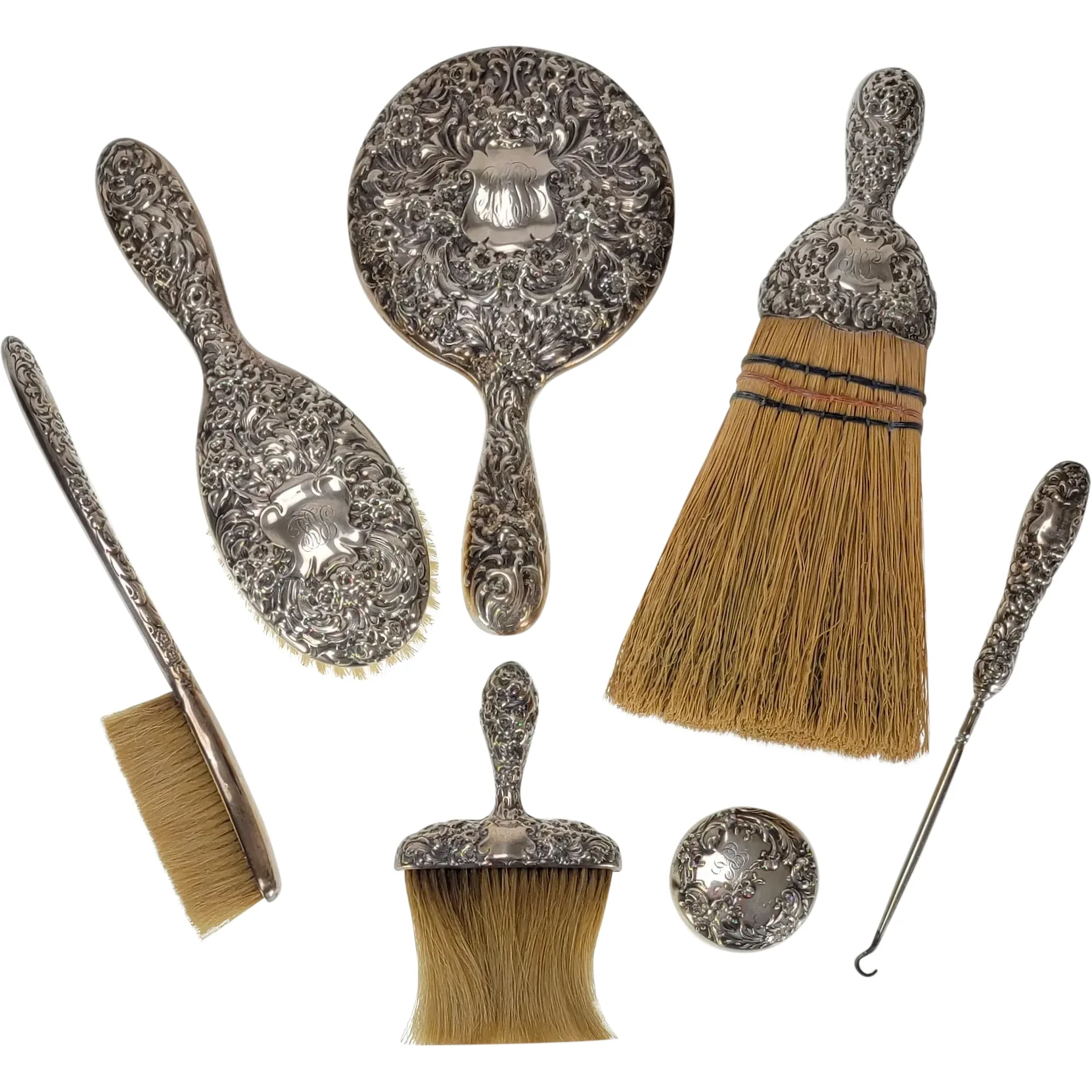 Antique Gorham Sterling Silver Repousse Vanity Set - Mirror, Brushes, Whisk Broom
