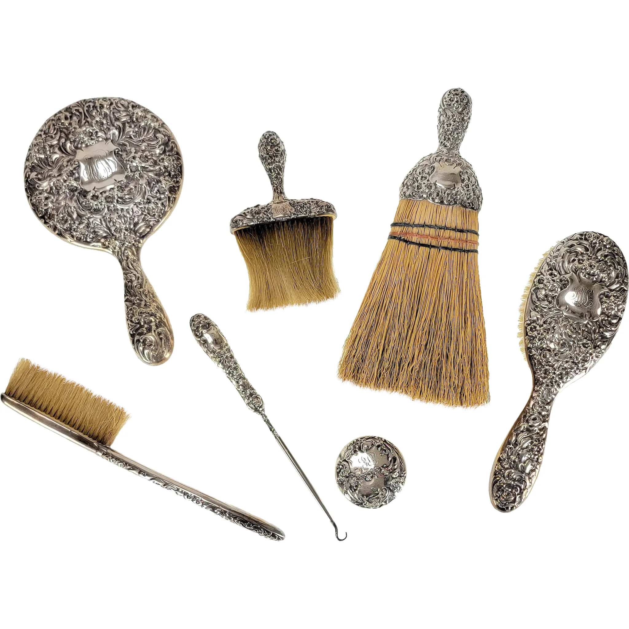 Antique Gorham Sterling Silver Repousse Vanity Set - Mirror, Brushes, Whisk Broom - View 14