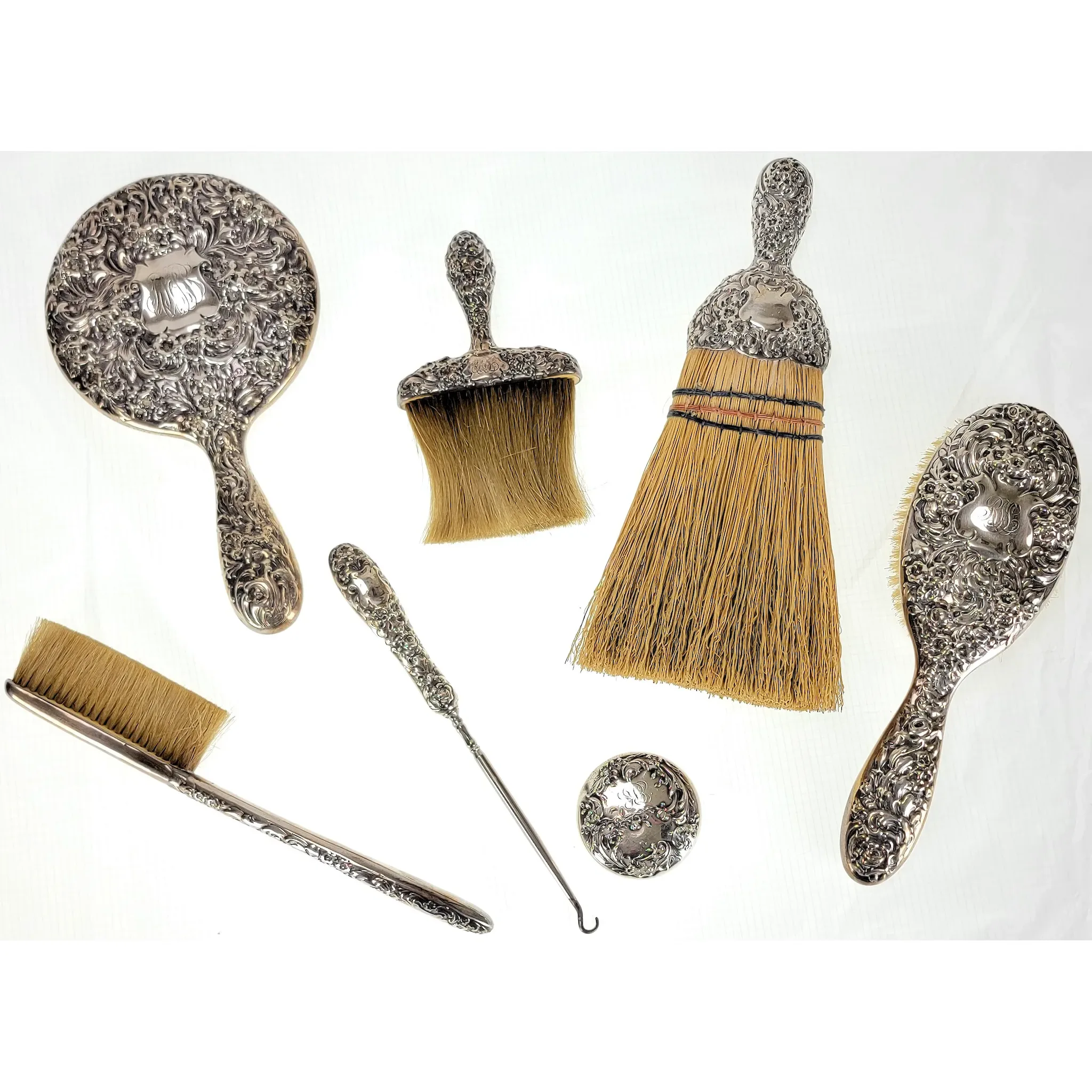 Antique Gorham Sterling Silver Repousse Vanity Set - Mirror, Brushes, Whisk Broom - View 2