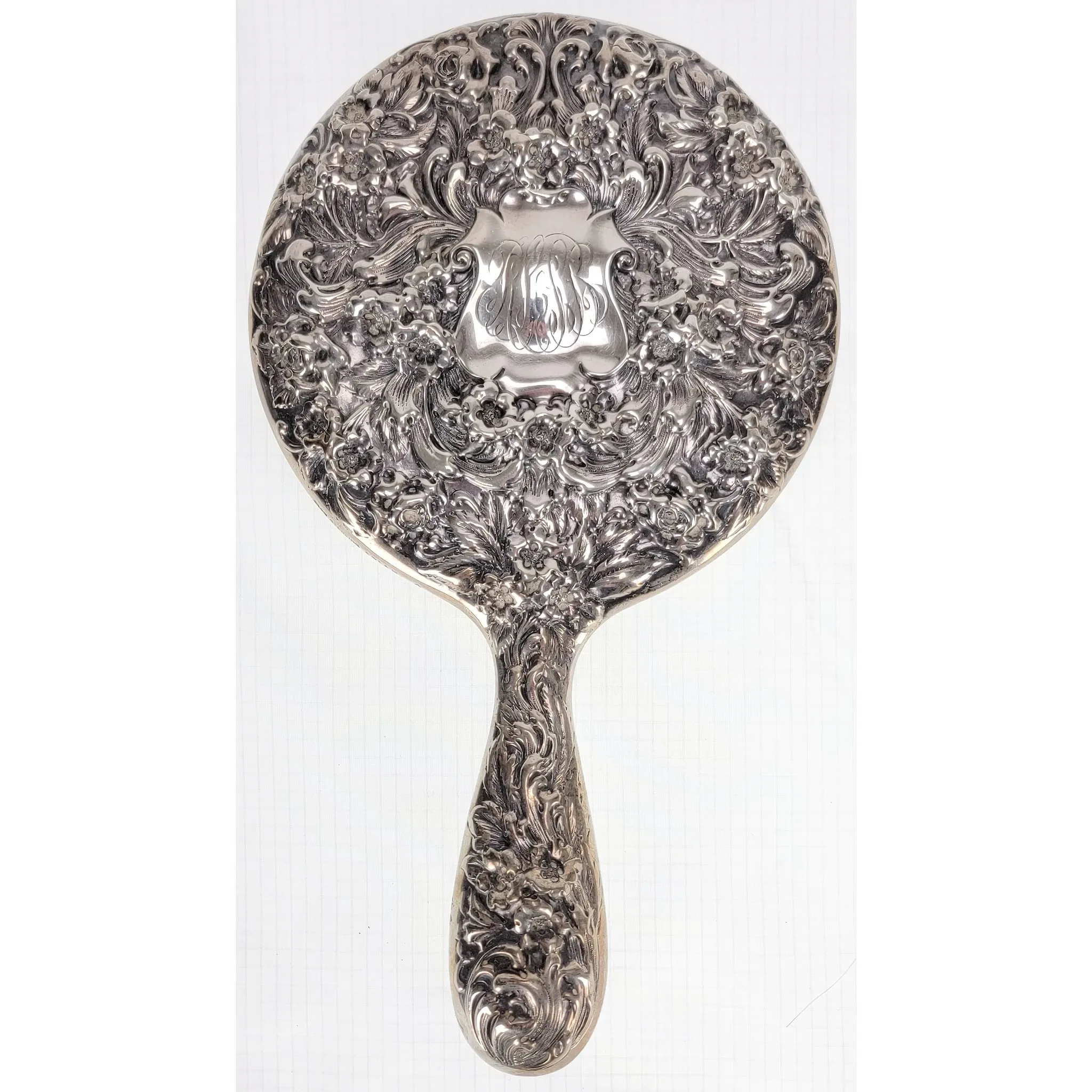 Antique Gorham Sterling Silver Repousse Vanity Set - Mirror, Brushes, Whisk Broom - View 3