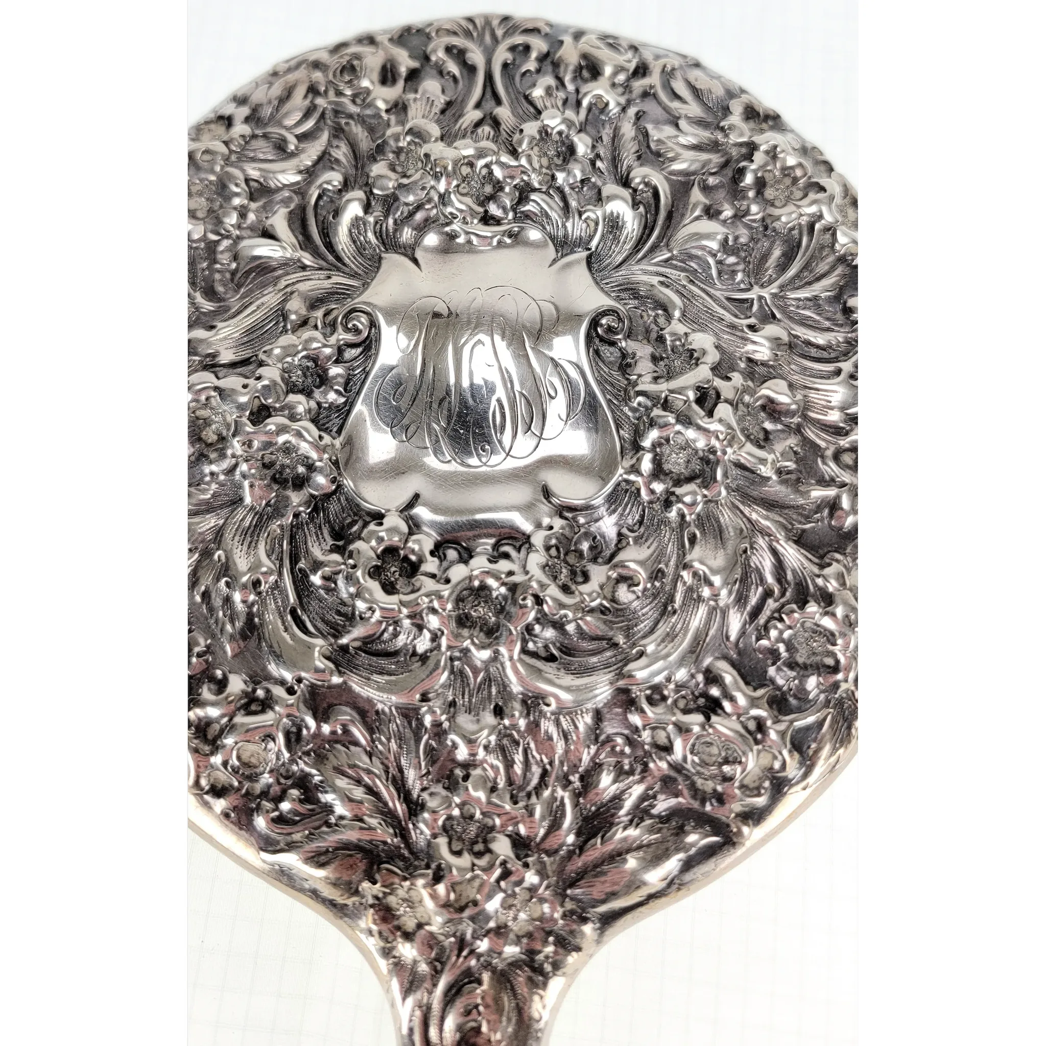Antique Gorham Sterling Silver Repousse Vanity Set - Mirror, Brushes, Whisk Broom - View 5