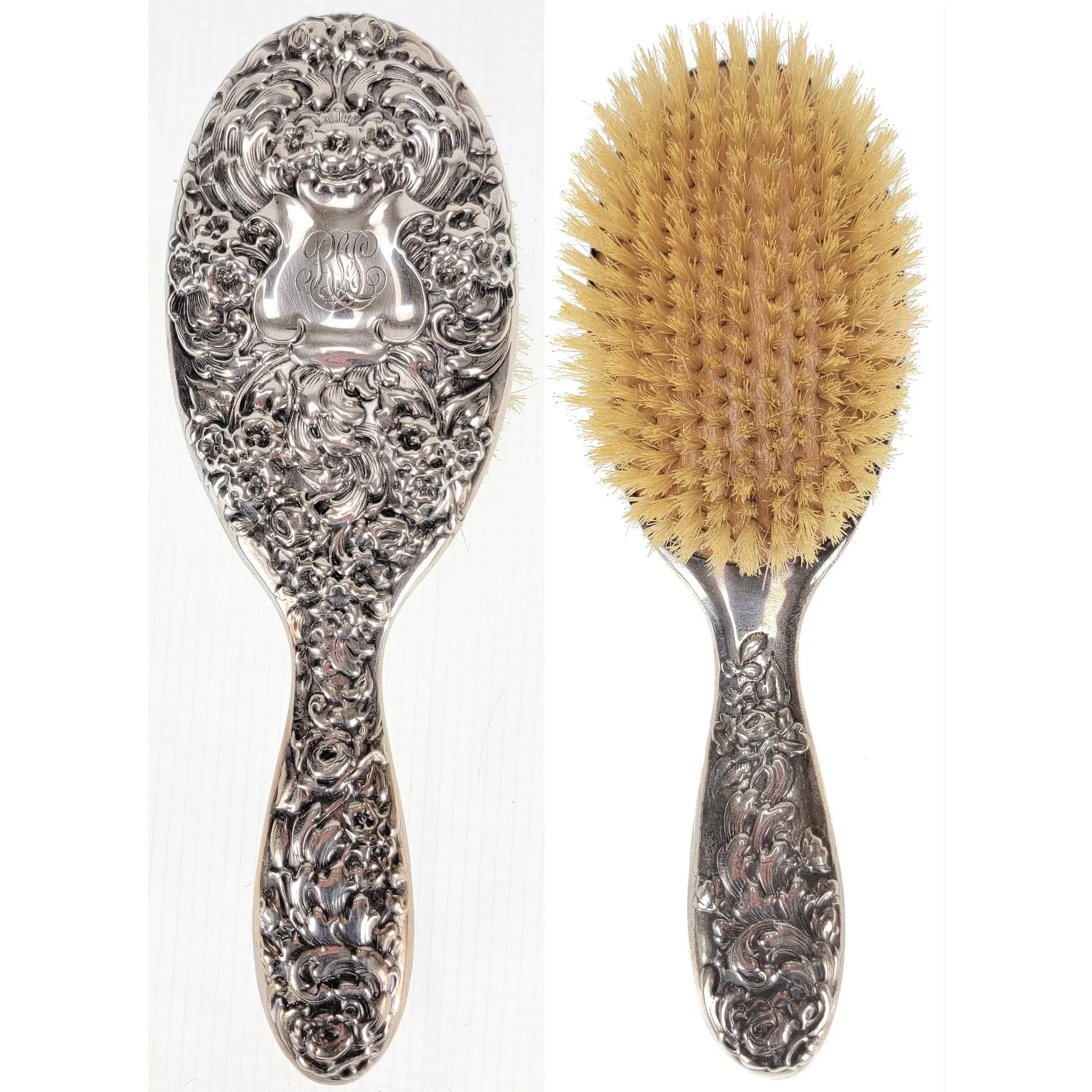 Antique Gorham Sterling Silver Repousse Vanity Set - Mirror, Brushes, Whisk Broom - View 7