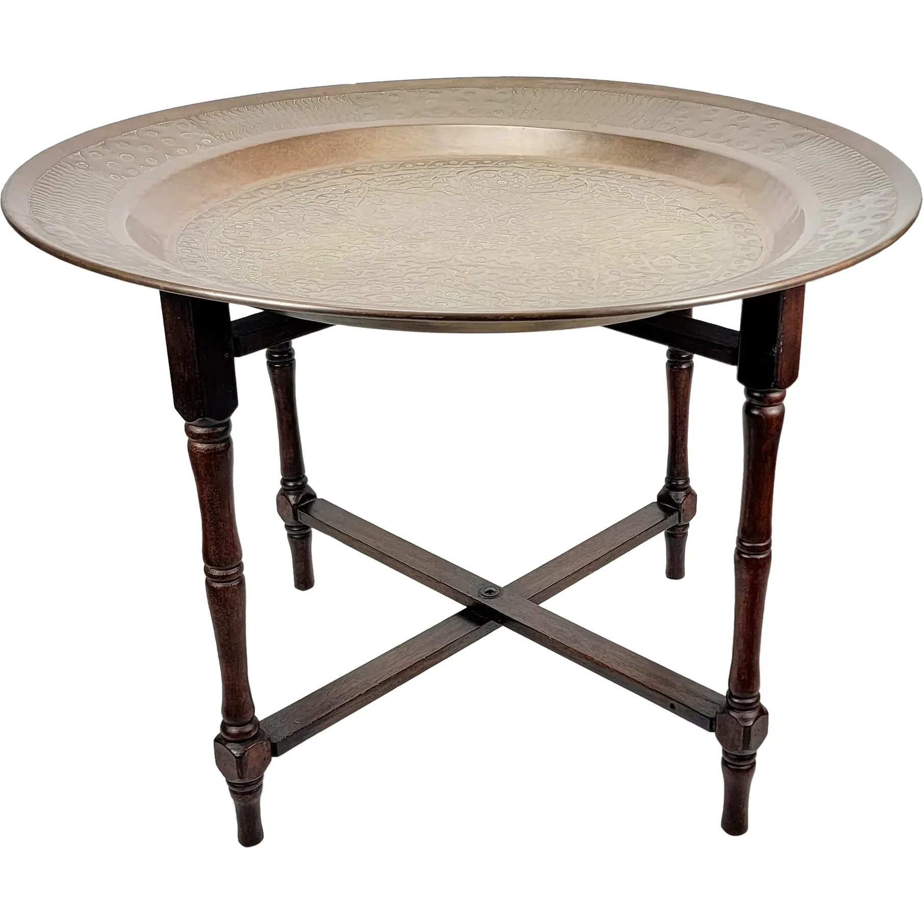 Large Antique Brass & Mahogany Folding Base Tray Table
