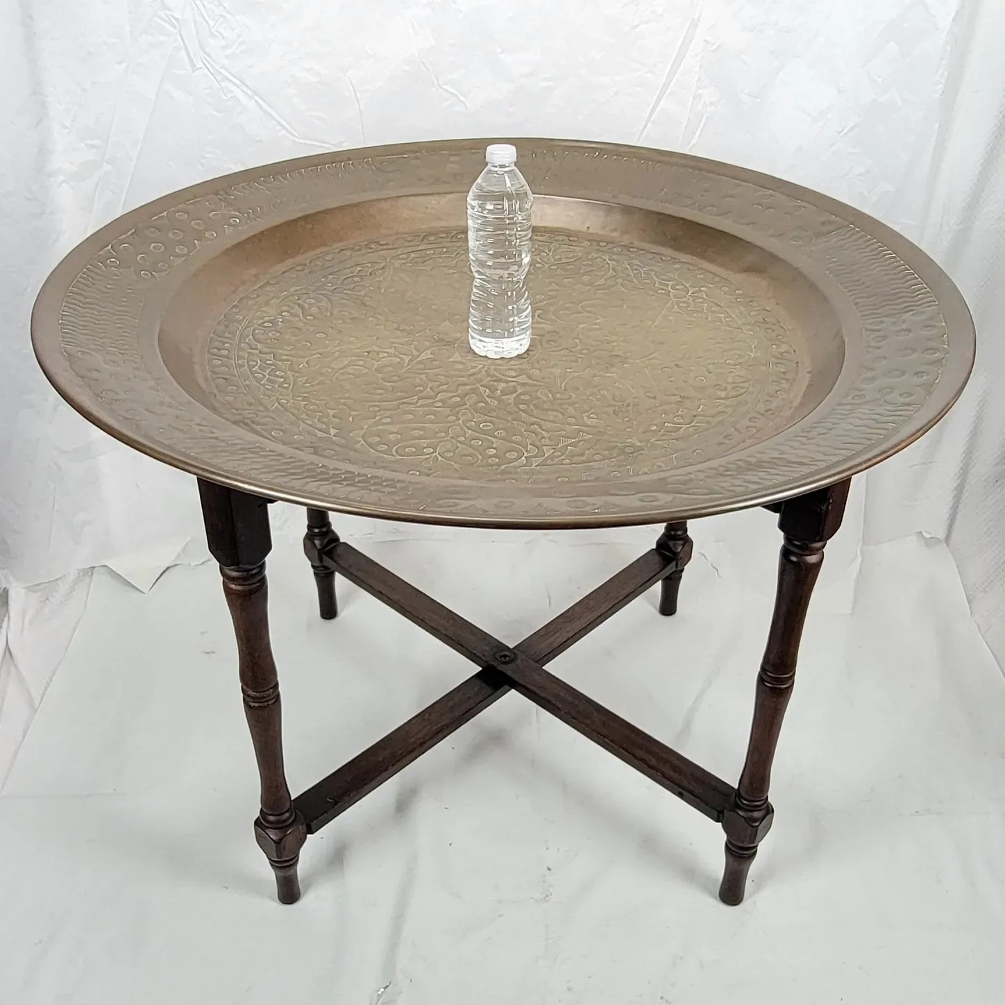 Large Antique Brass & Mahogany Folding Base Tray Table - View 2