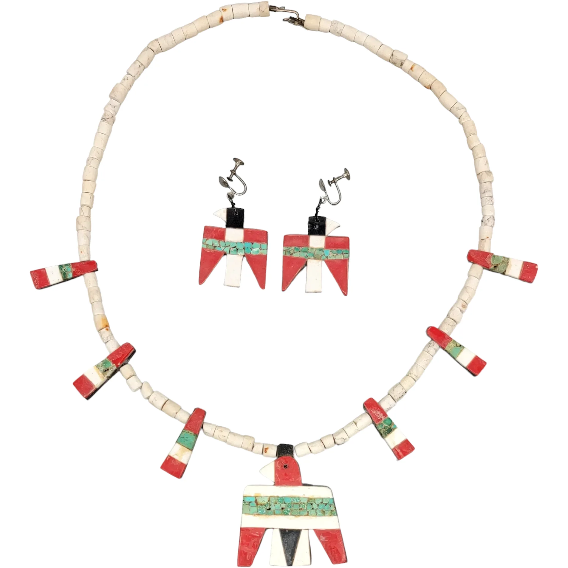 Vintage Santo Domingo Pueblo Thunderbird Necklace &amp; Earrings