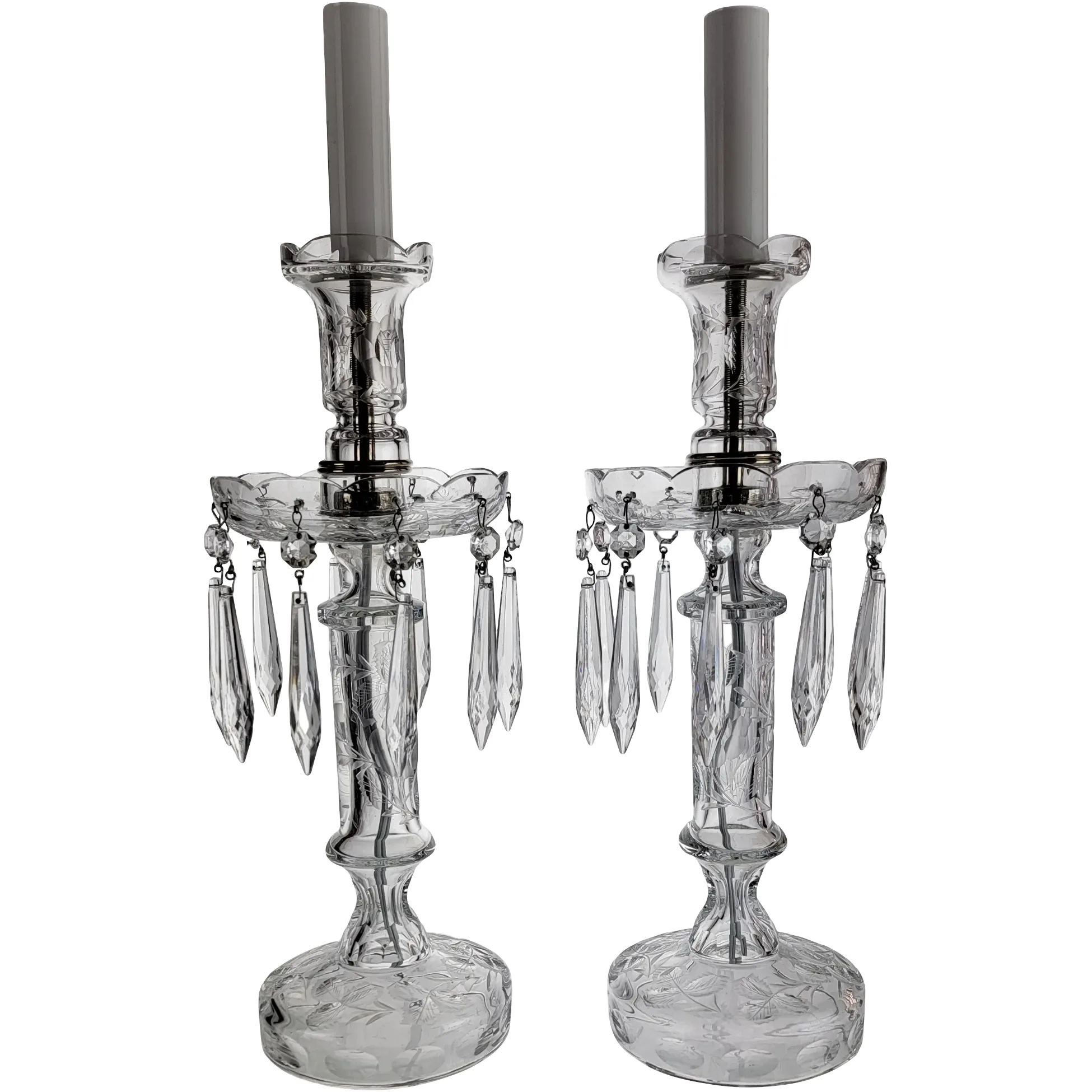 Pair Elegant Cut & Engraved Crystal Candletick Lamps - 1930s-40s