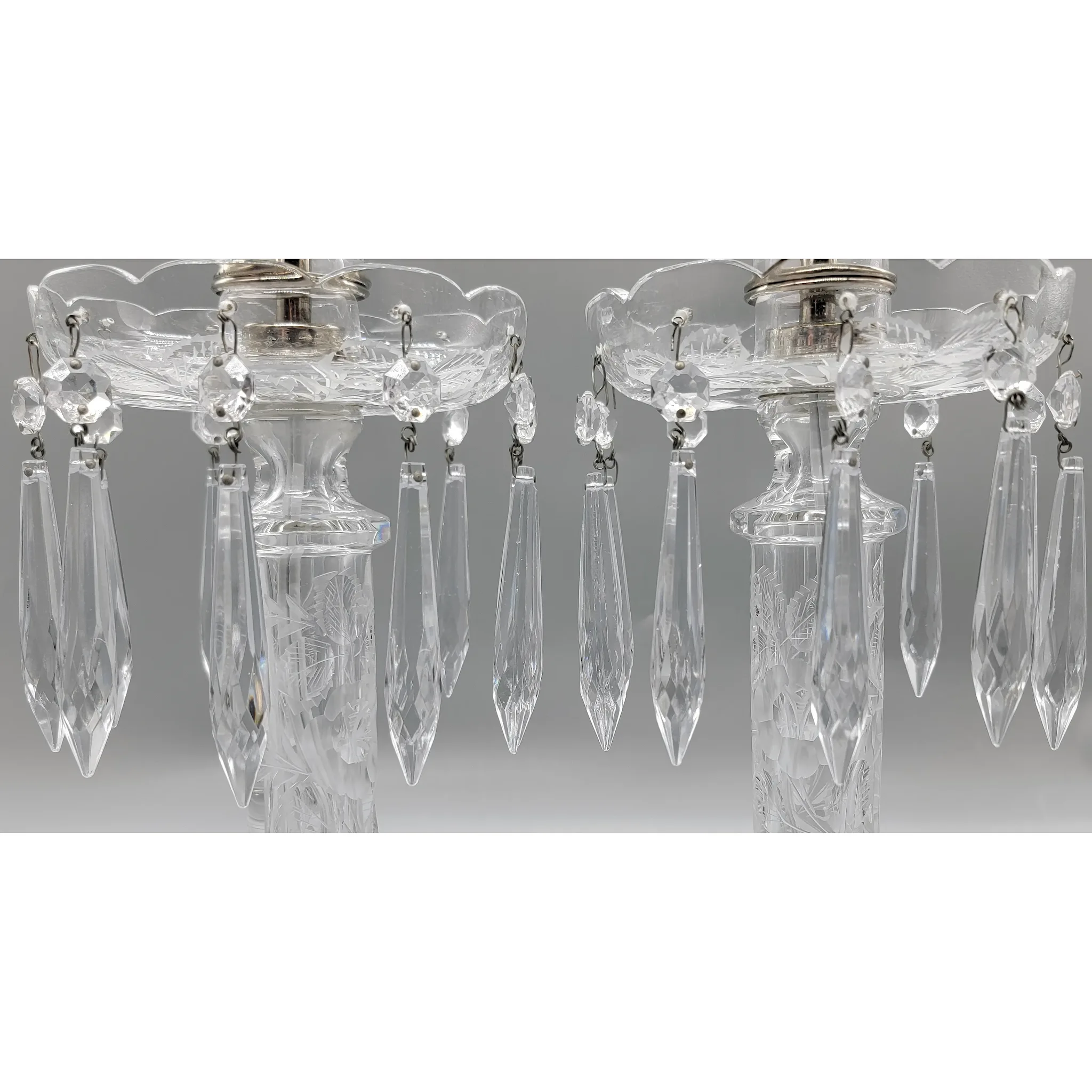 Pair Elegant Cut & Engraved Crystal Candletick Lamps - 1930s-40s - View 10