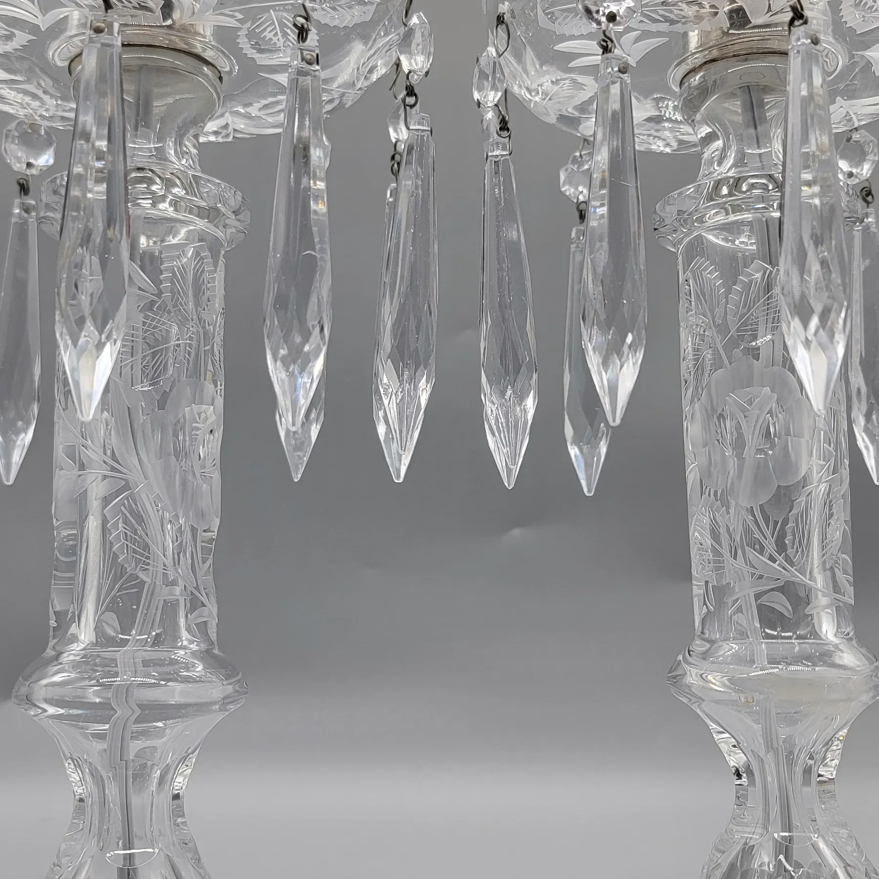 Pair Elegant Cut & Engraved Crystal Candletick Lamps - 1930s-40s - View 11