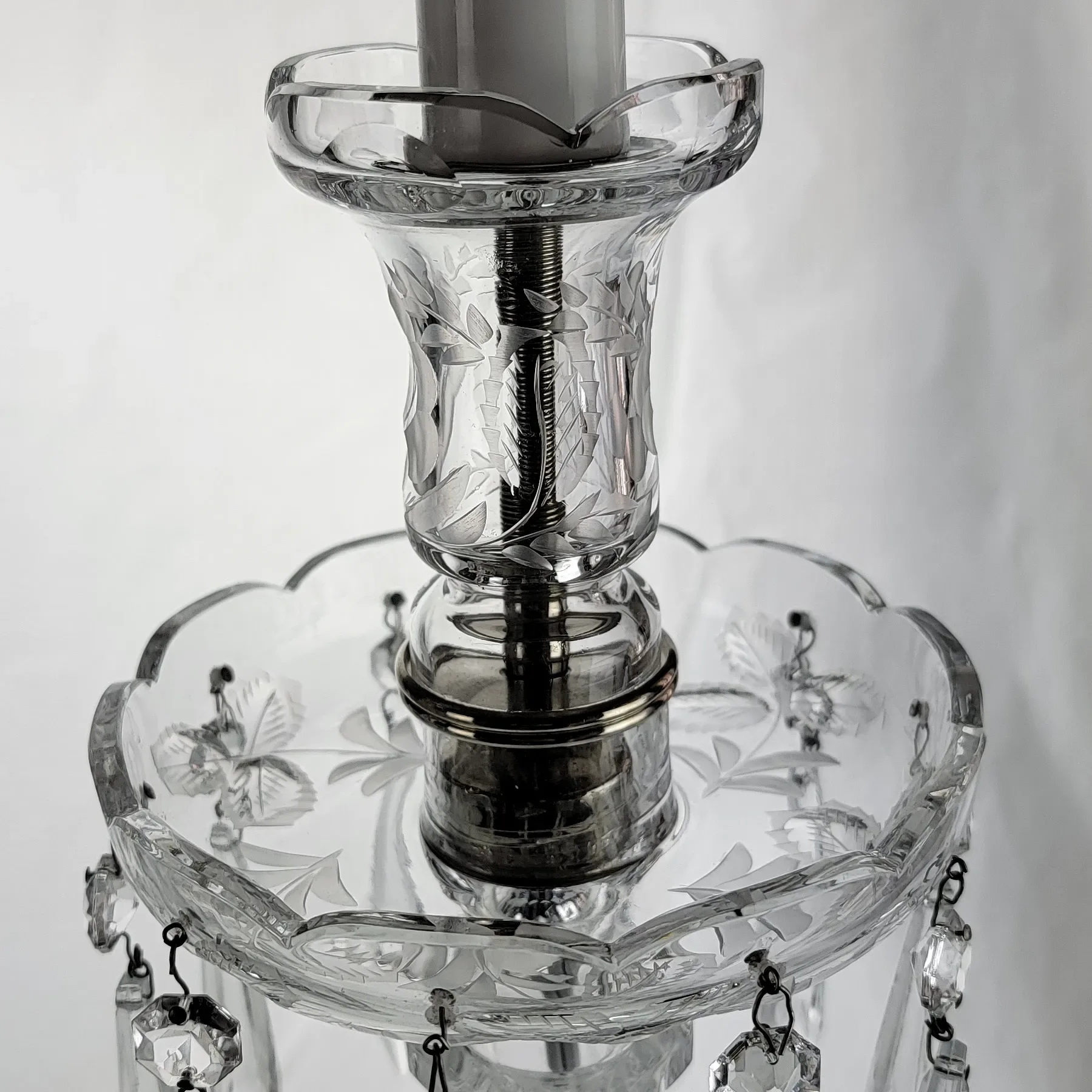 Pair Elegant Cut & Engraved Crystal Candletick Lamps - 1930s-40s - View 12
