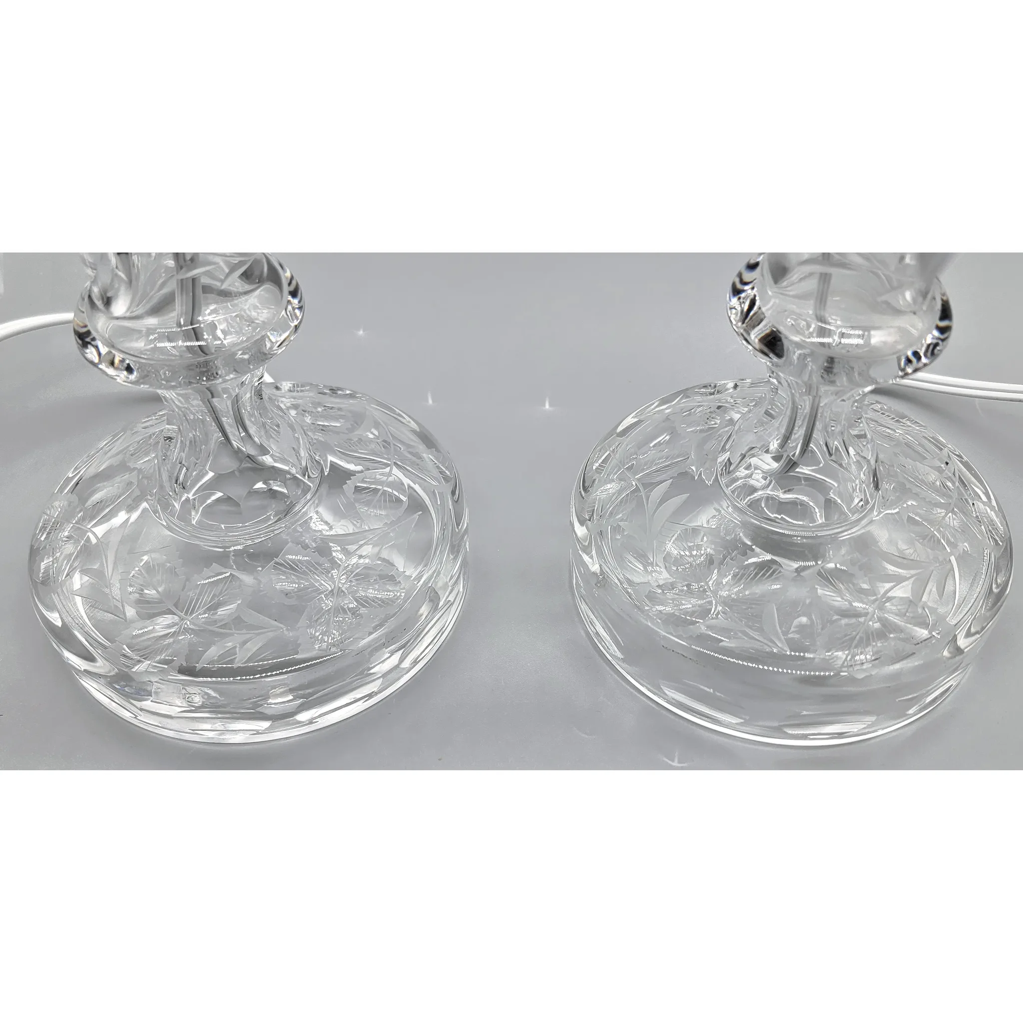 Pair Elegant Cut & Engraved Crystal Candletick Lamps - 1930s-40s - View 13
