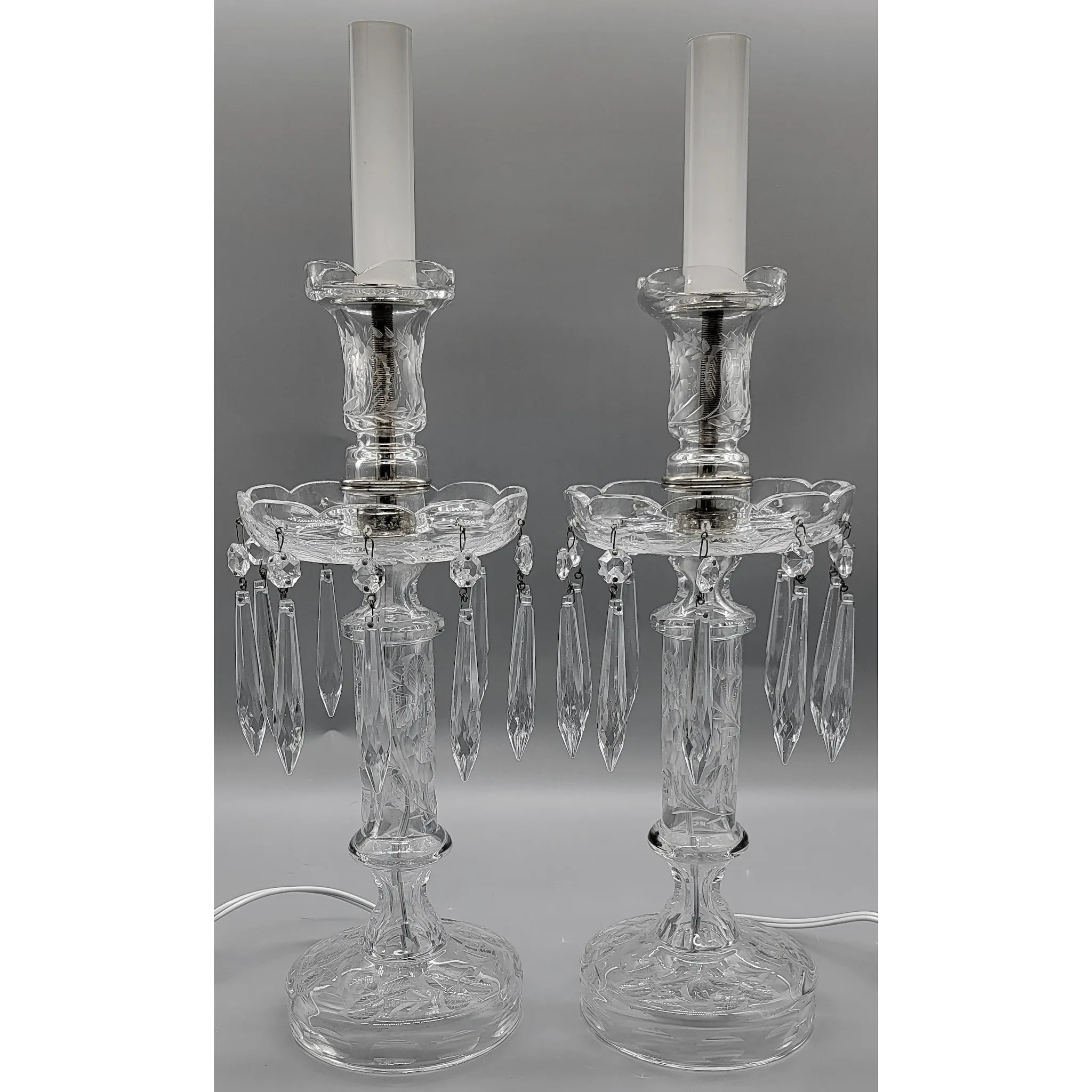 Pair Elegant Cut & Engraved Crystal Candletick Lamps - 1930s-40s - View 2
