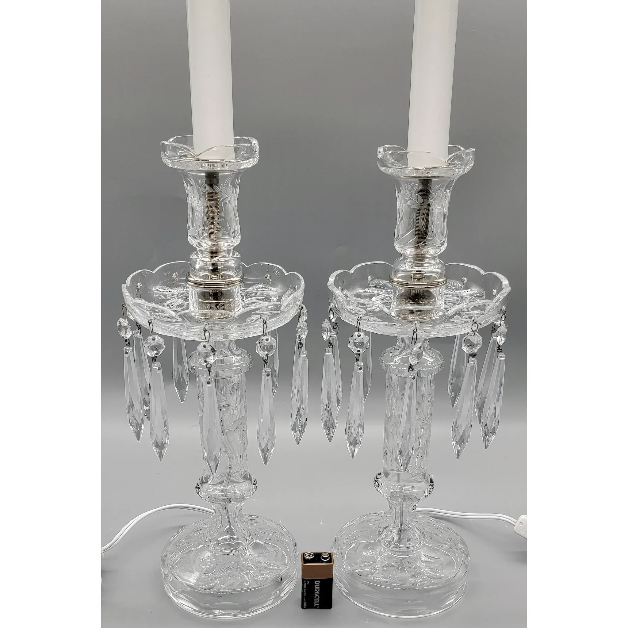 Pair Elegant Cut & Engraved Crystal Candletick Lamps - 1930s-40s - View 3