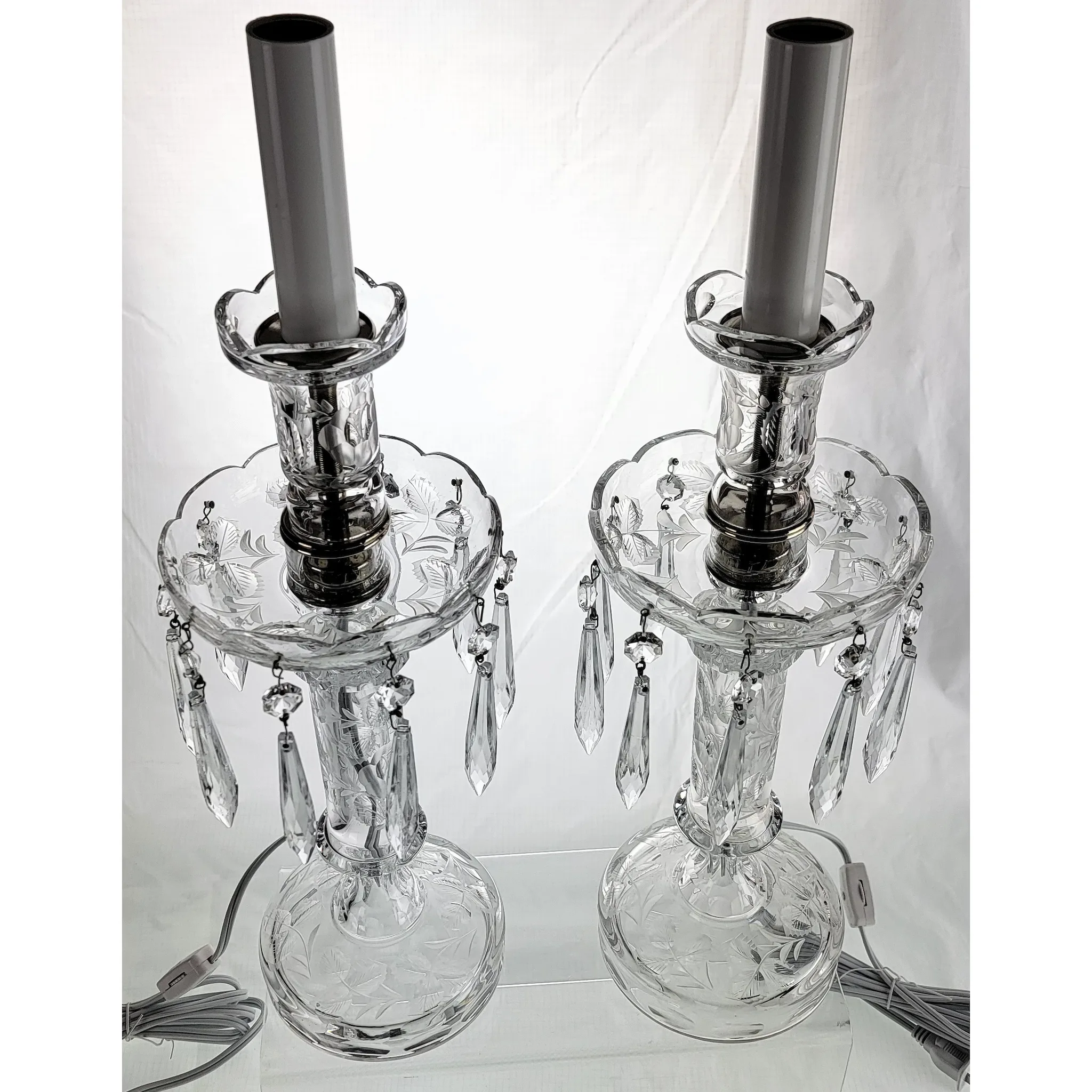 Pair Elegant Cut & Engraved Crystal Candletick Lamps - 1930s-40s - View 4