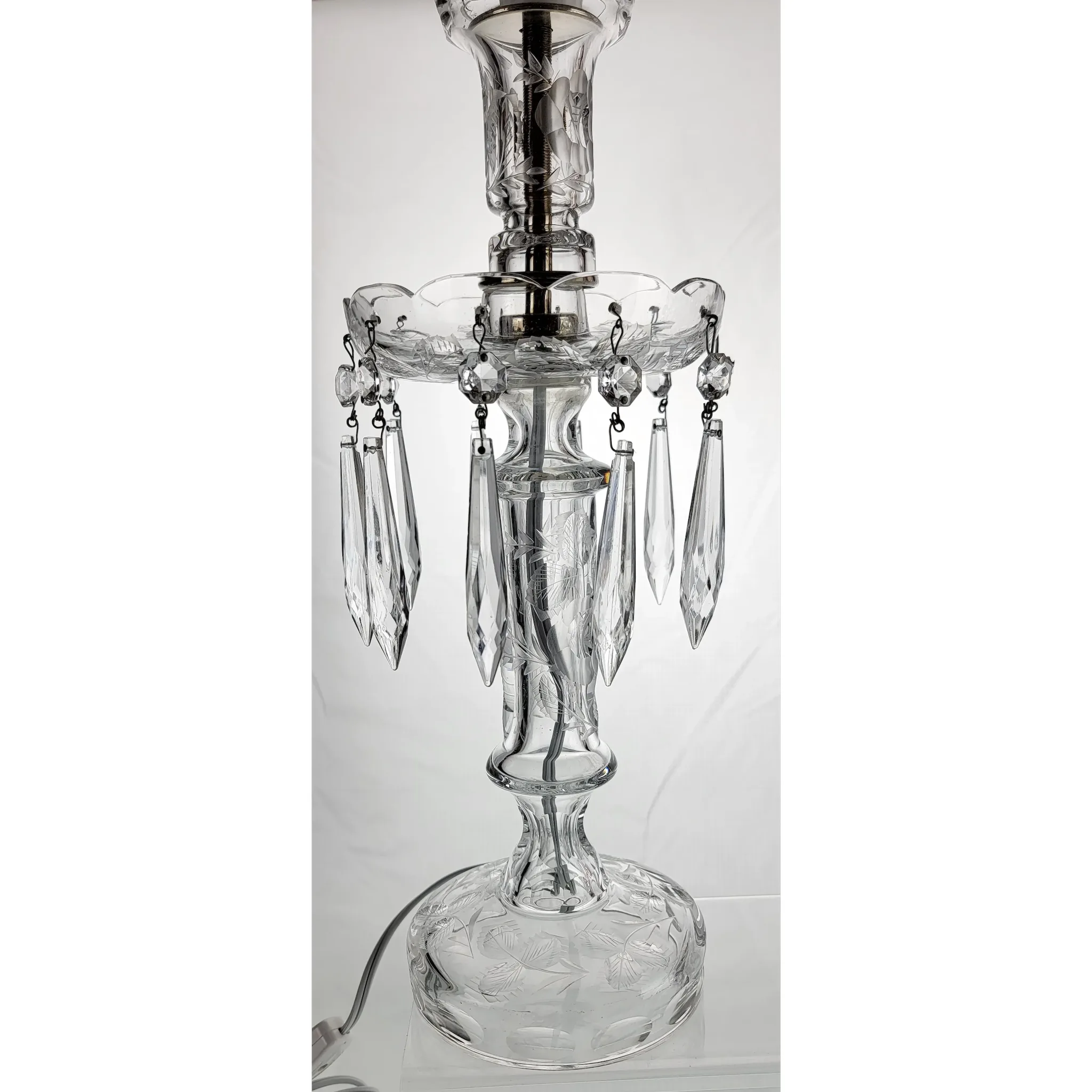 Pair Elegant Cut & Engraved Crystal Candletick Lamps - 1930s-40s - View 5