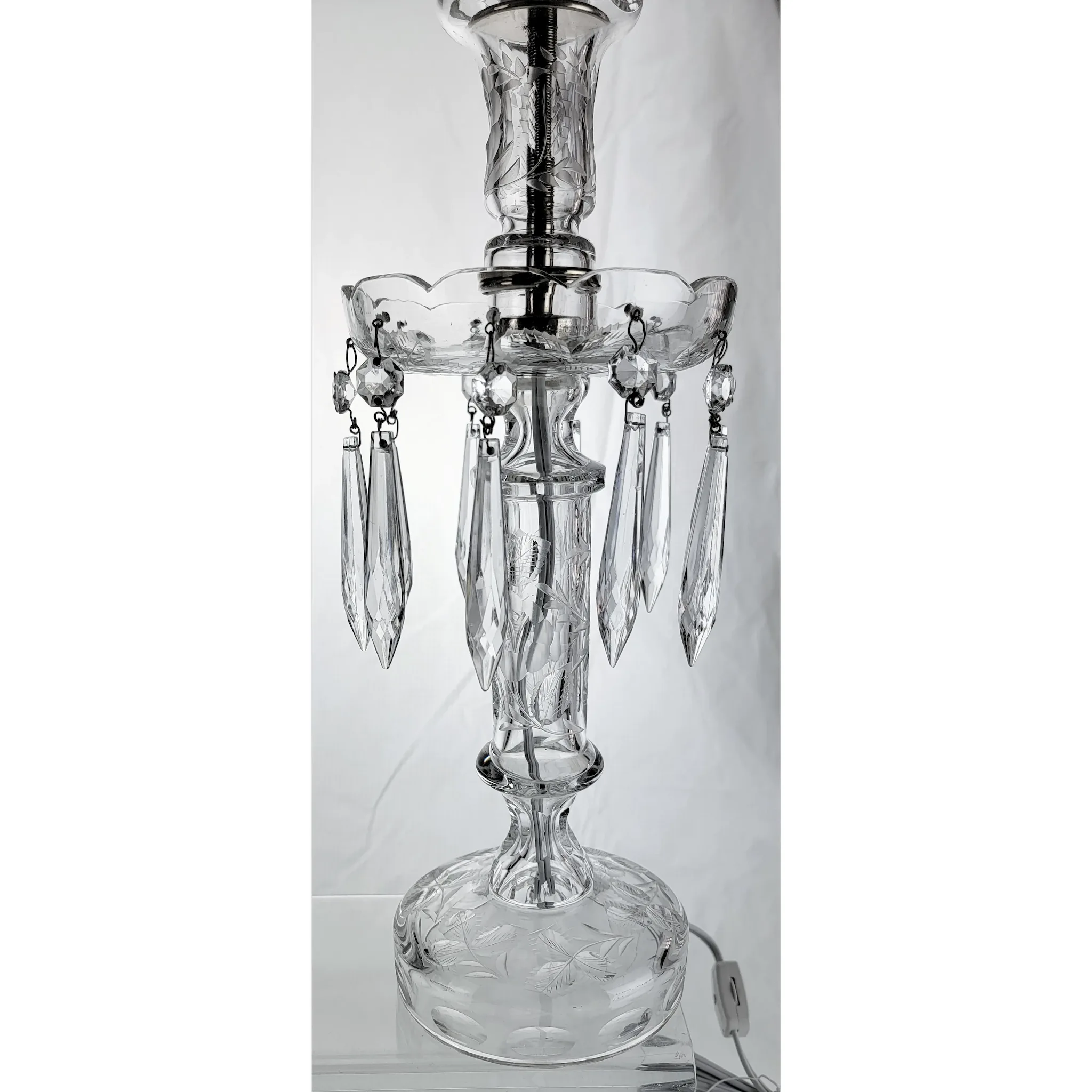 Pair Elegant Cut & Engraved Crystal Candletick Lamps - 1930s-40s - View 6