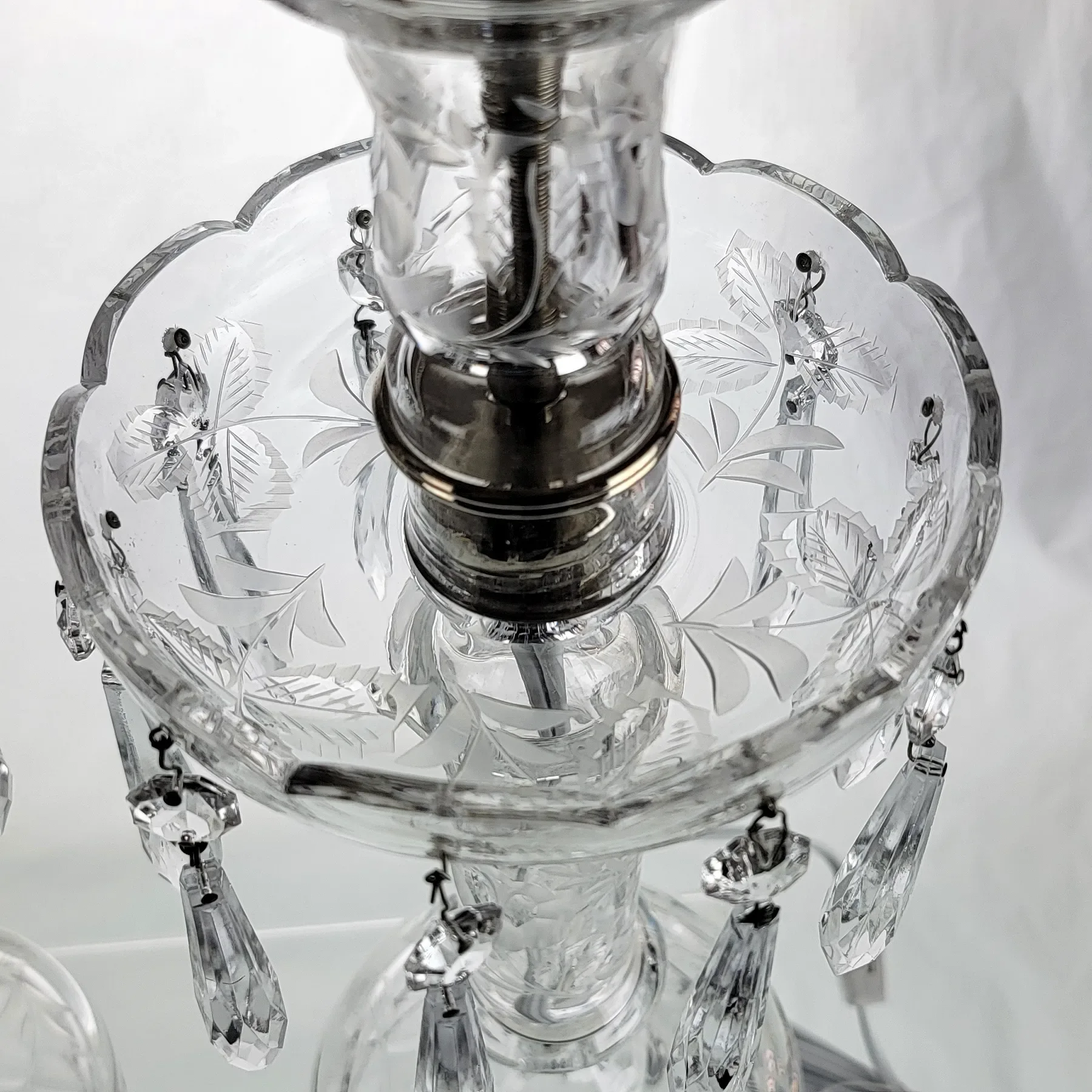 Pair Elegant Cut & Engraved Crystal Candletick Lamps - 1930s-40s - View 7