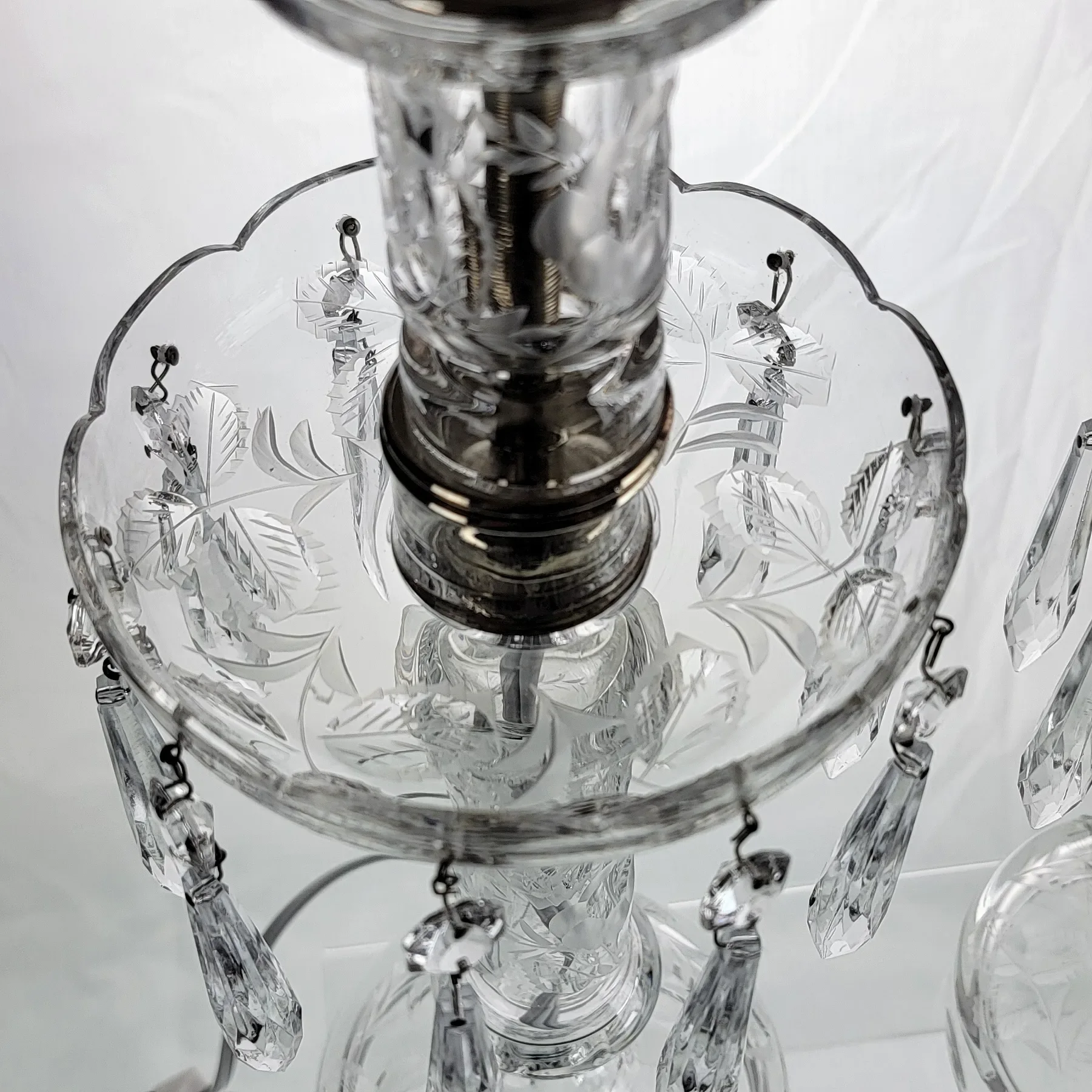 Pair Elegant Cut & Engraved Crystal Candletick Lamps - 1930s-40s - View 8