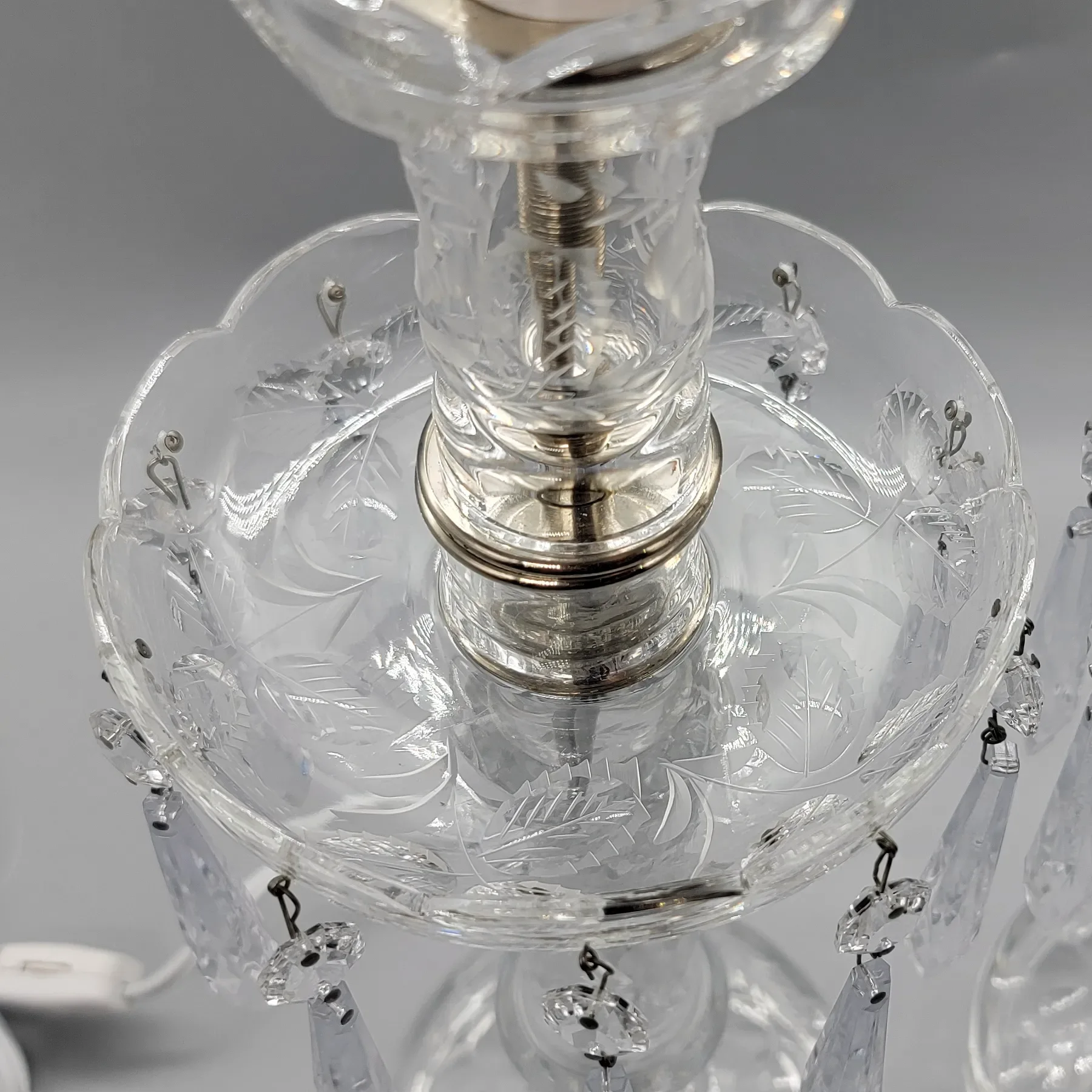 Pair Elegant Cut & Engraved Crystal Candletick Lamps - 1930s-40s - View 9