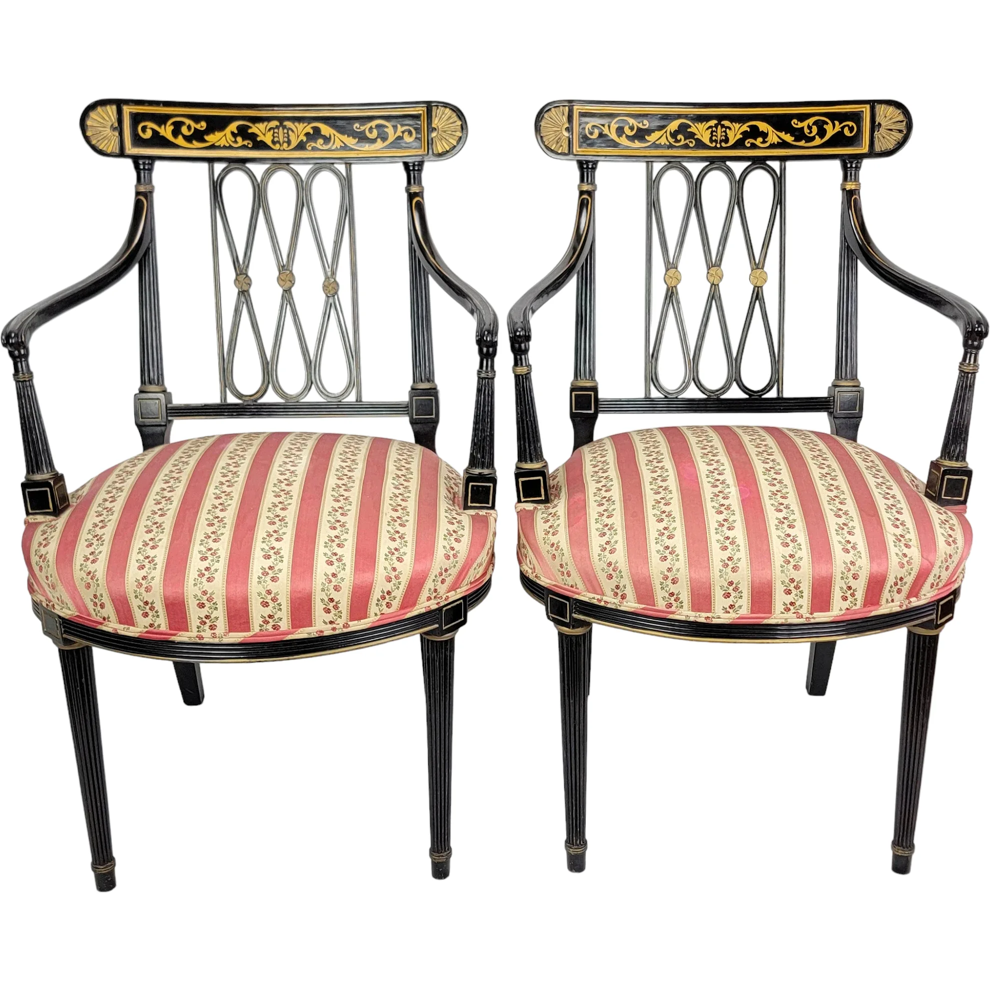 Pair Ebonized and Gilt Regency Arm Chairs