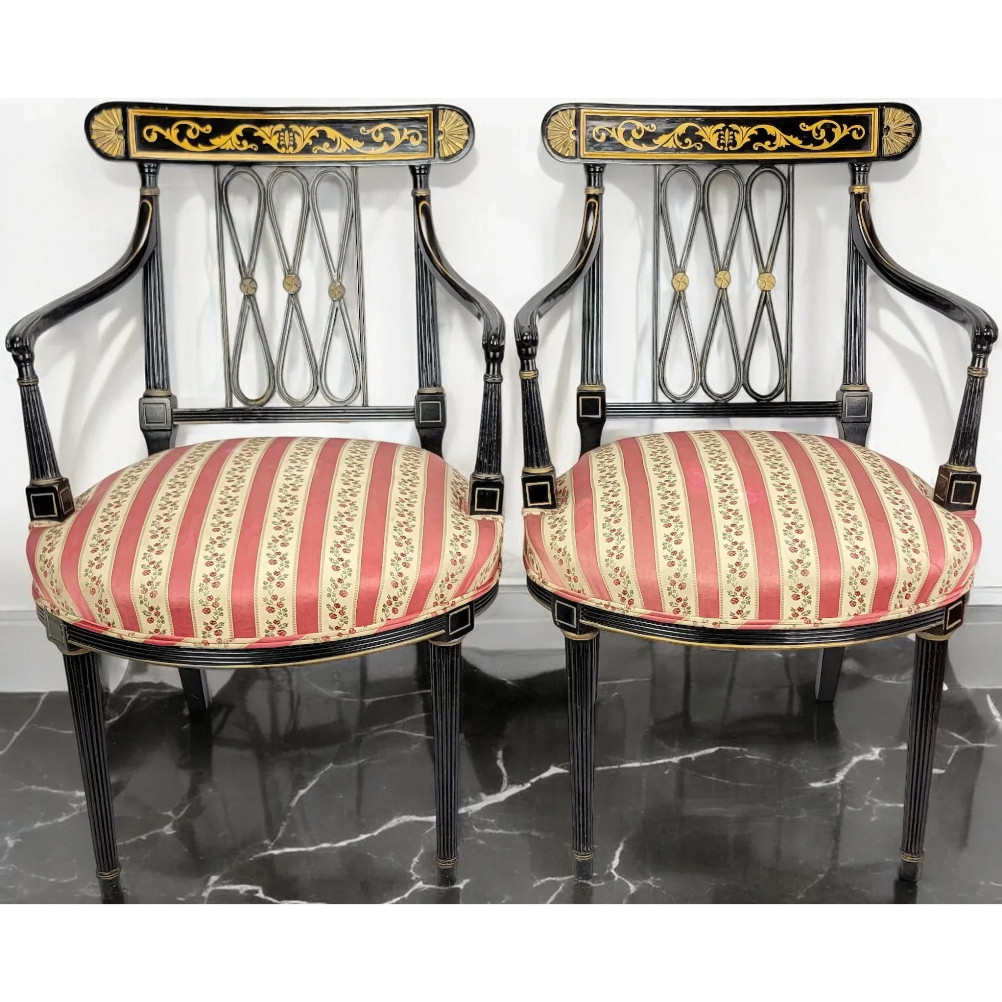 Pair Ebonized and Gilt Regency Arm Chairs - View 2