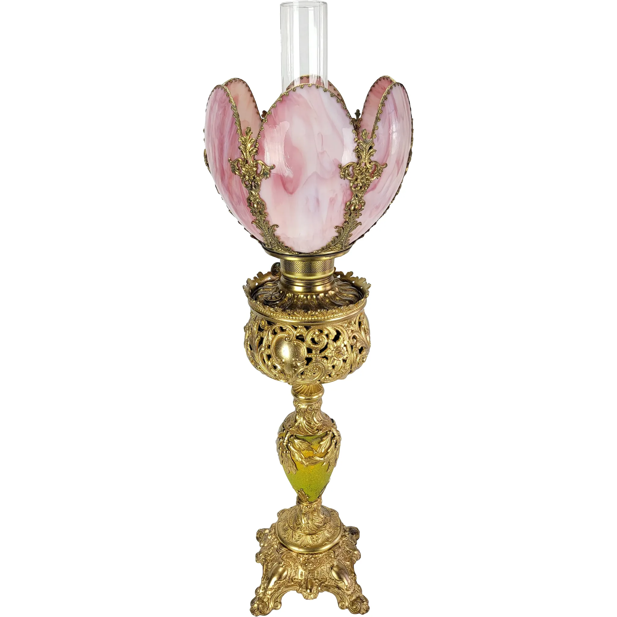 Ornate Antique Bradley & Hubbard B&H Gilded Kerosene Banquet Lamp - Pink Slag Glass Shade