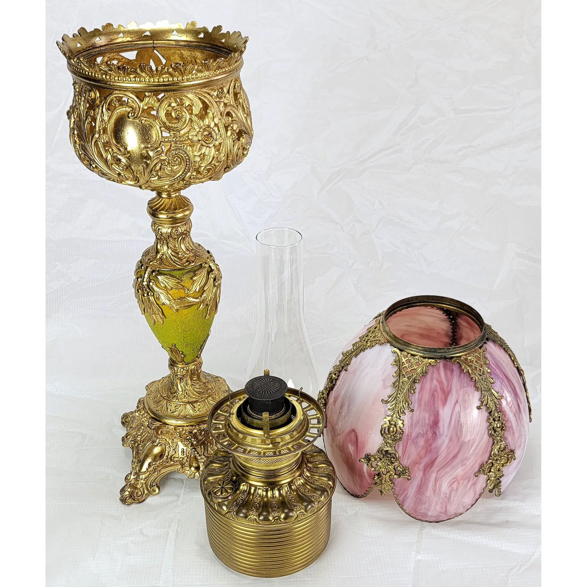 Ornate Antique Bradley & Hubbard B&H Gilded Kerosene Banquet Lamp - Pink Slag Glass Shade - View 11