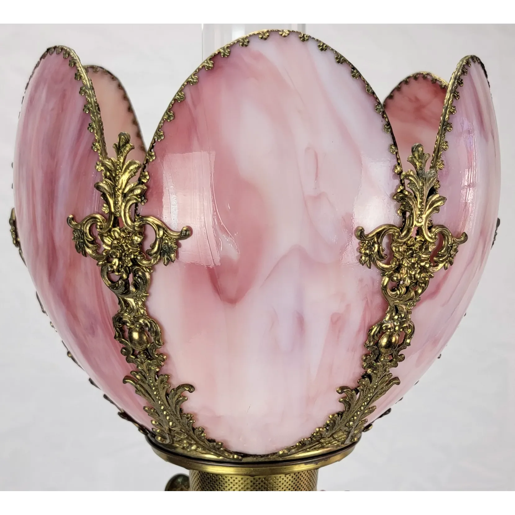 Ornate Antique Bradley & Hubbard B&H Gilded Kerosene Banquet Lamp - Pink Slag Glass Shade - View 12