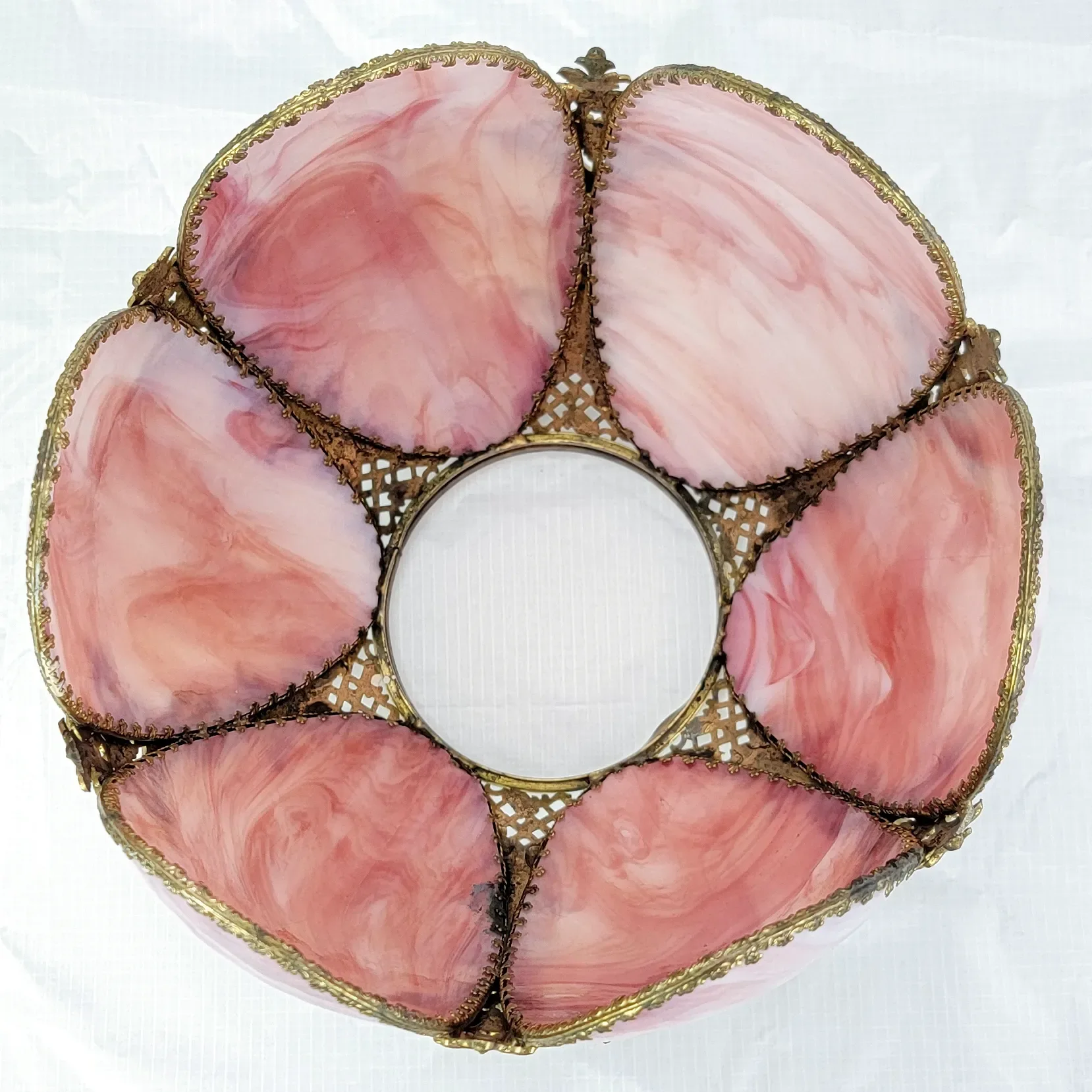 Ornate Antique Bradley & Hubbard B&H Gilded Kerosene Banquet Lamp - Pink Slag Glass Shade - View 13