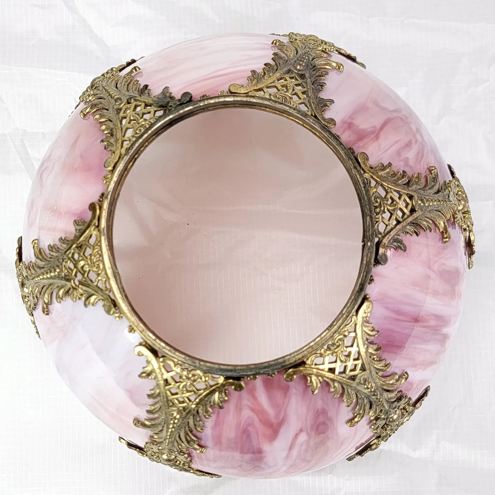 Ornate Antique Bradley & Hubbard B&H Gilded Kerosene Banquet Lamp - Pink Slag Glass Shade - View 14