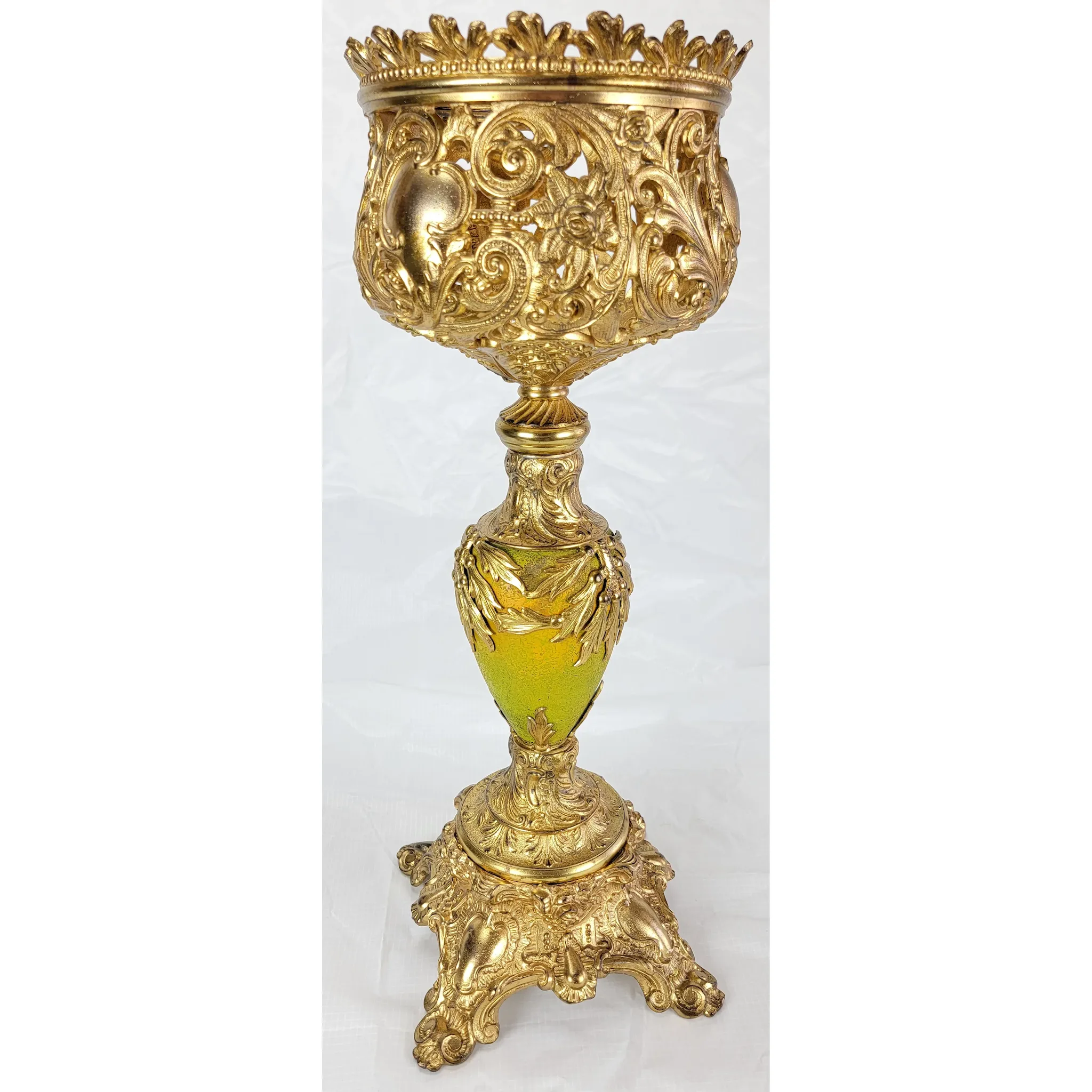 Ornate Antique Bradley & Hubbard B&H Gilded Kerosene Banquet Lamp - Pink Slag Glass Shade - View 16