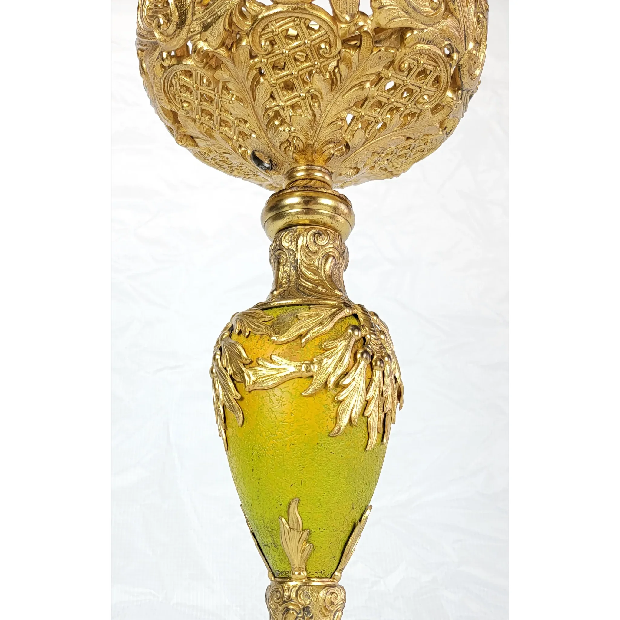 Ornate Antique Bradley & Hubbard B&H Gilded Kerosene Banquet Lamp - Pink Slag Glass Shade - View 17