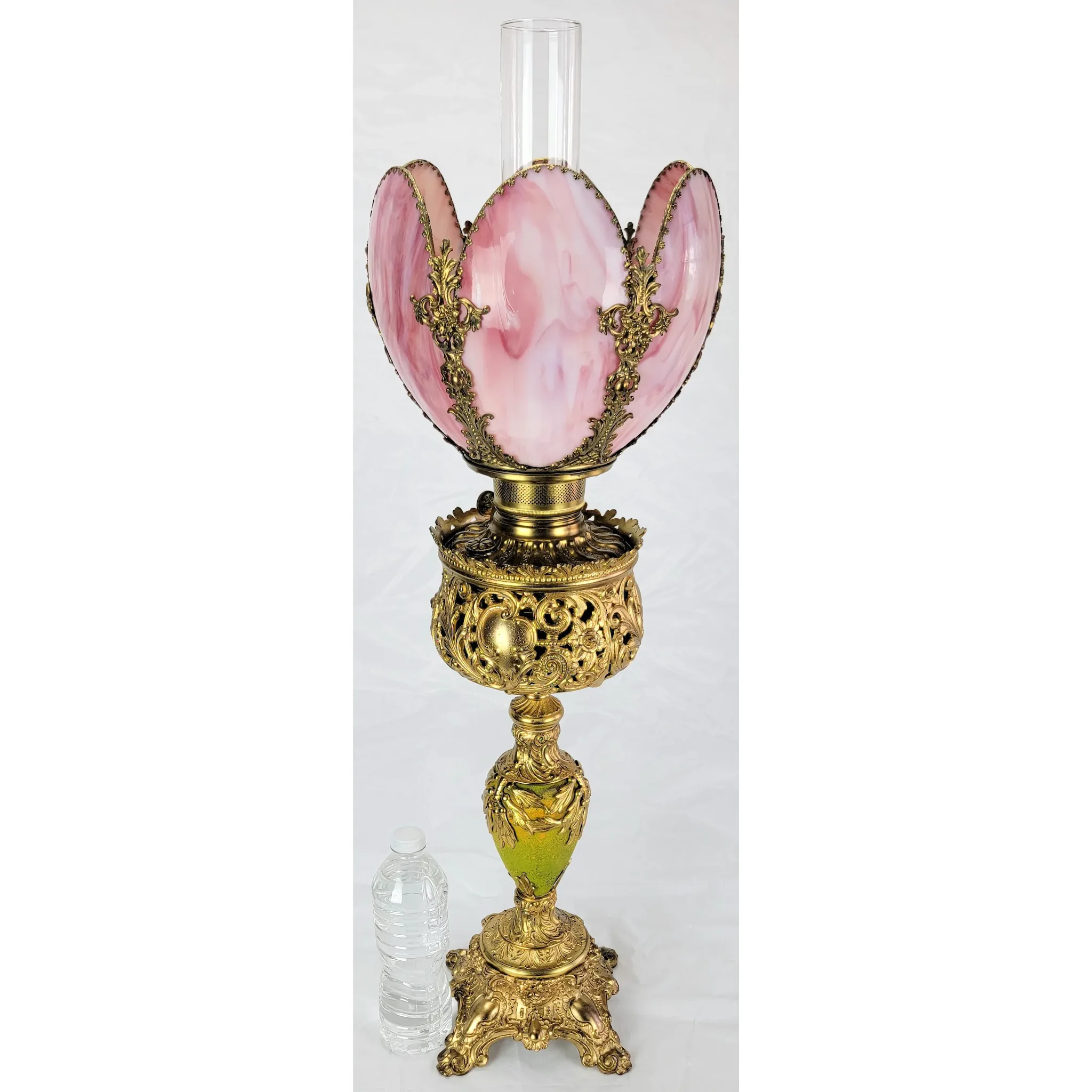 Ornate Antique Bradley & Hubbard B&H Gilded Kerosene Banquet Lamp - Pink Slag Glass Shade - View 2